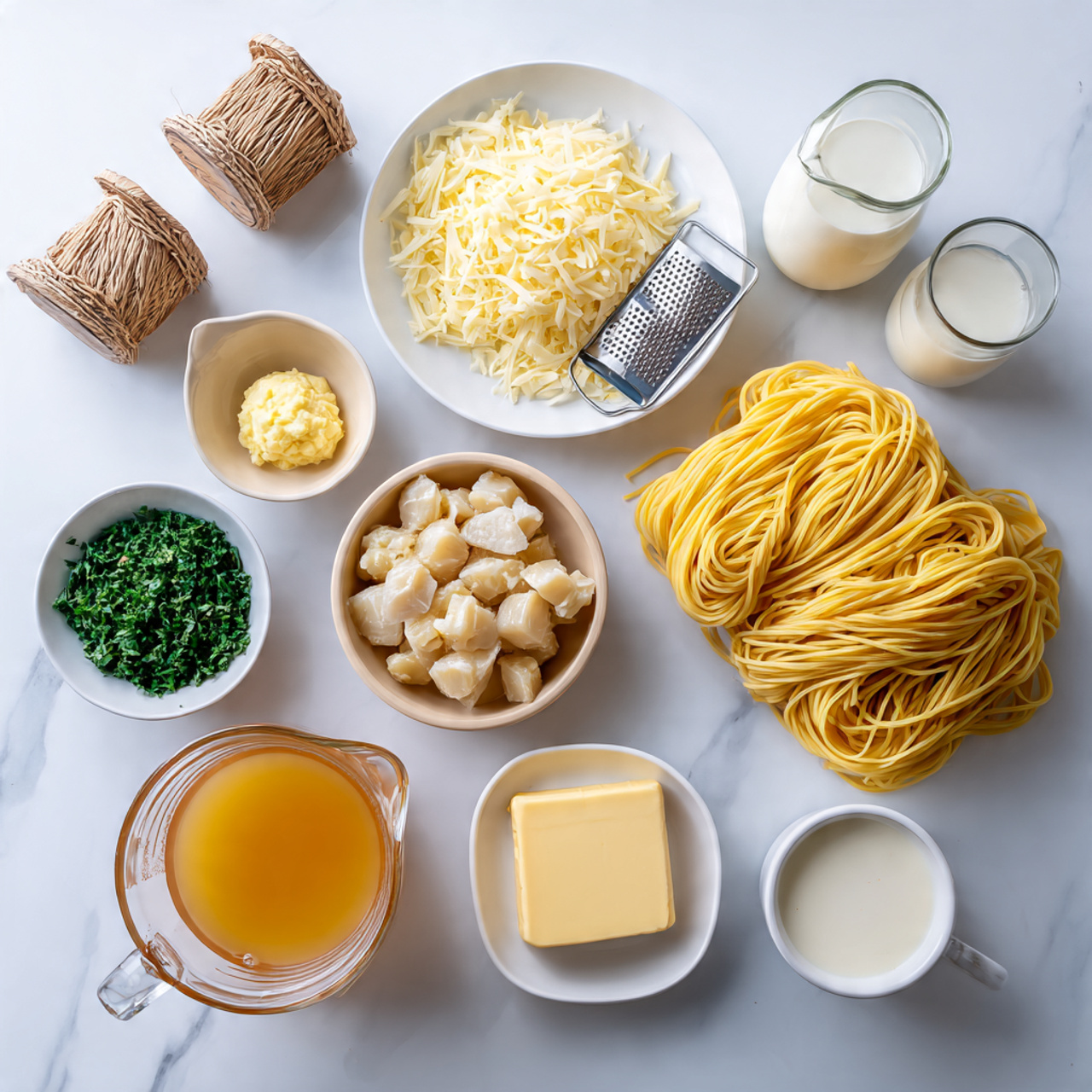 The image shows ingredients laid out on a white marbled surface for making a pasta dish. There is a large pile of uncooked yellow spaghetti lying flat on the right side. Above the spaghetti, a white plate holds shredded pale yellow cheese with a small metal grater resting on top. Near the center, a white bowl is filled with chunks of light cooked chicken pieces. Above that, a small beige bowl contains a scoop of mashed yellow garlic. To the left, a small white bowl holds chopped dark green parsley. Near the parsley, there is a bottle of farm fresh milk and a large glass measuring cup filled with clear orange broth. Below the broth, a smaller glass measuring cup contains cream. Next to it, a small beige dish holds a square piece of soft yellow butter. Two glass shakers wrapped in light brown wicker holding salt and pepper are placed on the top left corner. The overall scene is bright with natural light, arranged neatly in a flat lay style. Photo taken with an iphone --ar 4:5 --v 7