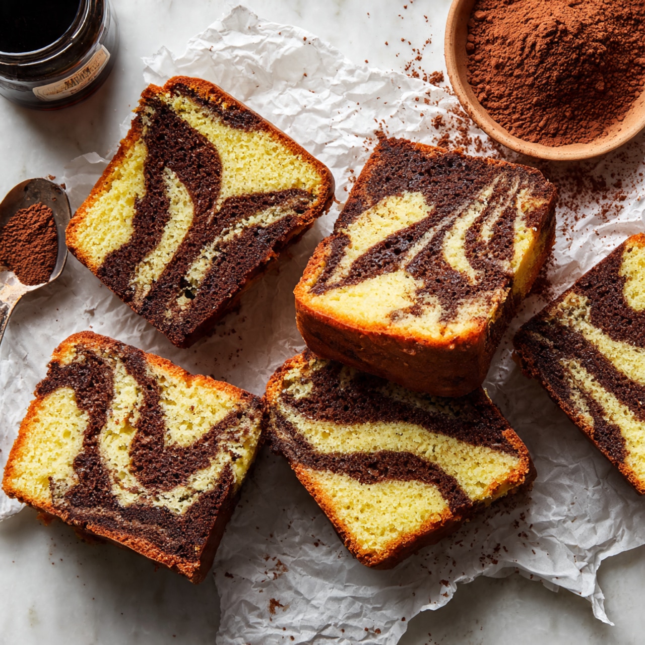 Several slices of marble cake are placed on crumpled white parchment on a white marbled surface. Each cake slice shows two layers: a light yellow vanilla cake base and dark brown chocolate swirls creating unique wavy patterns in the center and toward the edges. The cake's outer crust is golden brown with a slightly rough texture. In the upper right corner, there is a small pile of cocoa powder with some spilled onto the parchment next to a spoon and a light brown bowl filled with cocoa powder. A dark glass vanilla extract bottle with a black cap is visible on the left side. The photo has soft, natural lighting highlighting the cake textures and colors. Photo taken with an iphone --ar 4:5 --v 7