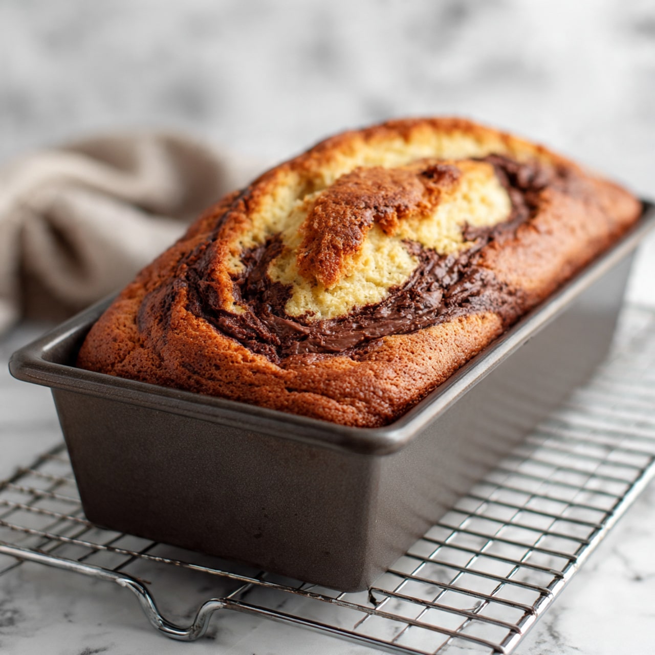 The image shows a loaf of baked bread inside a dark metal loaf pan placed on a wire rack. The bread has a golden brown crust with some darker brown cracks on the top, revealing a soft, moist inside with swirls of chocolate or similar filling. The texture on top looks slightly rough and uneven, showing it is freshly baked. The background is a white marbled surface. Photo taken with an iphone --ar 4:5 --v 7