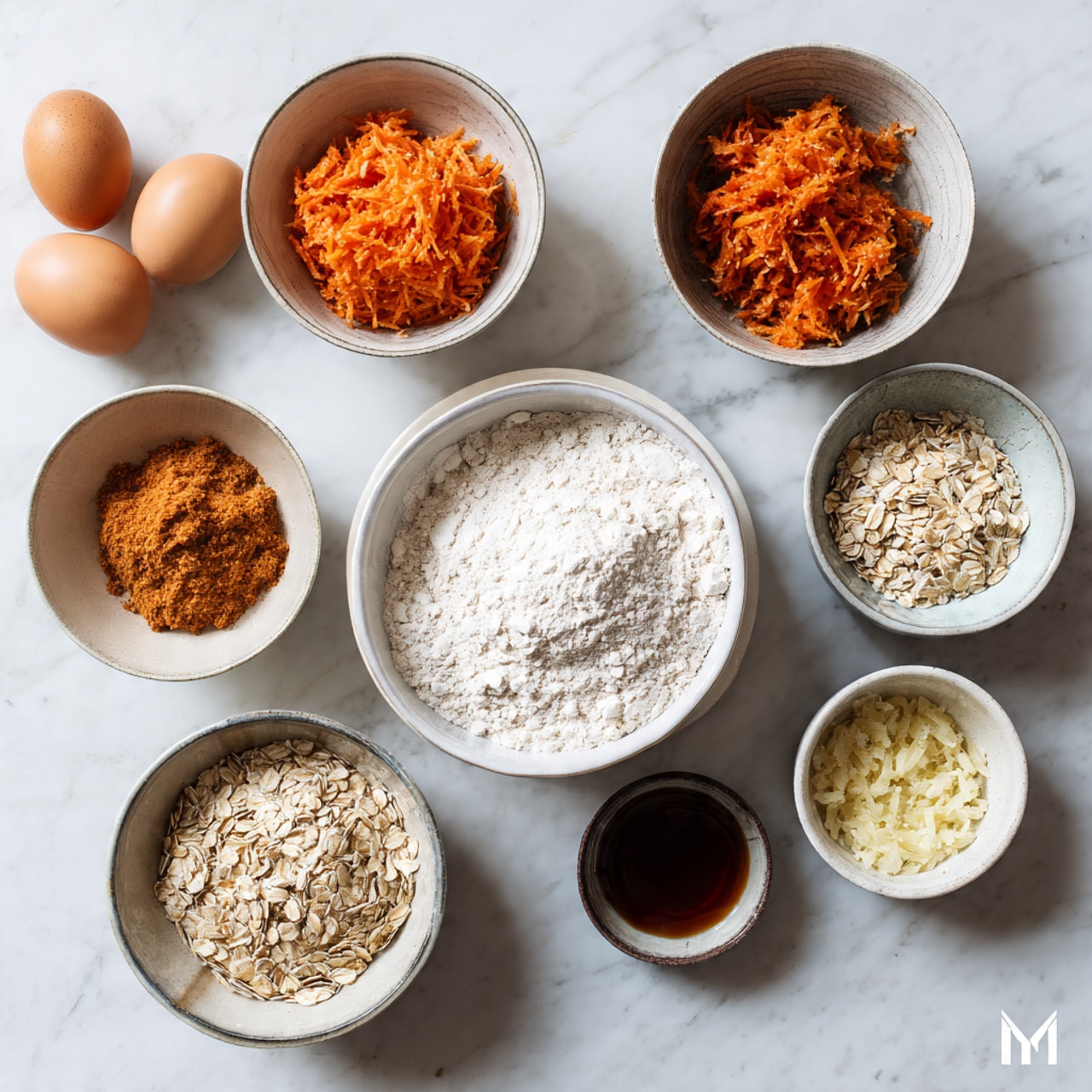 The image shows eight white bowls and two eggs placed on a white marbled surface. One large bowl in the center holds white flour, surrounded by smaller bowls with light brown sugar, orange shredded carrot, rolled oats, crushed pineapple, and a dark liquid ingredient. Two eggs are placed near the bowls on the left side. The textures vary from powdery flour to moist shredded carrot and smooth crushed pineapple. The arrangement is neat, with all ingredients clearly visible and organized. photo taken with an iphone --ar 4:5 --v 7