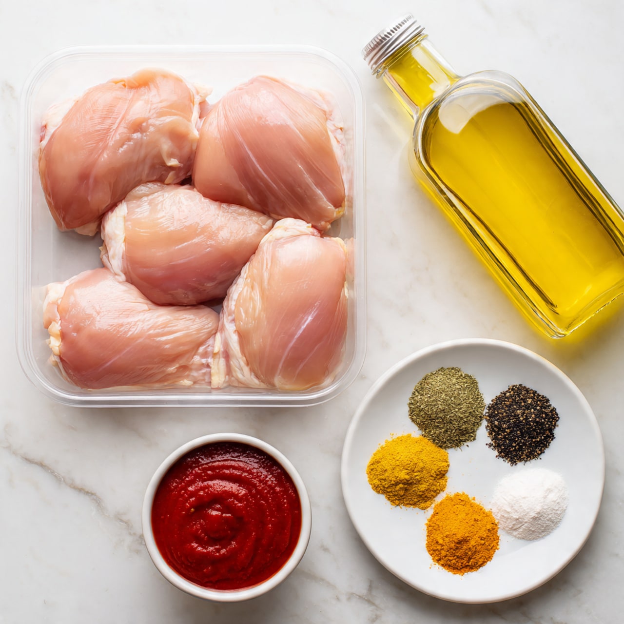 The image shows a clear plastic container filled with six raw chicken pieces arranged in two rows of three, placed on a white marbled surface. To the right of the chicken, there is a clear glass bottle filled with yellow olive oil. Below the chicken, there's a small white bowl with smooth, red sauce. Next to the sauce, on the right, a white plate holds six different spices arranged in a circle, each with a distinct color: black, white, light yellow, green, dark green, and bright red. Photo taken with an iphone --ar 4:5 --v 7
