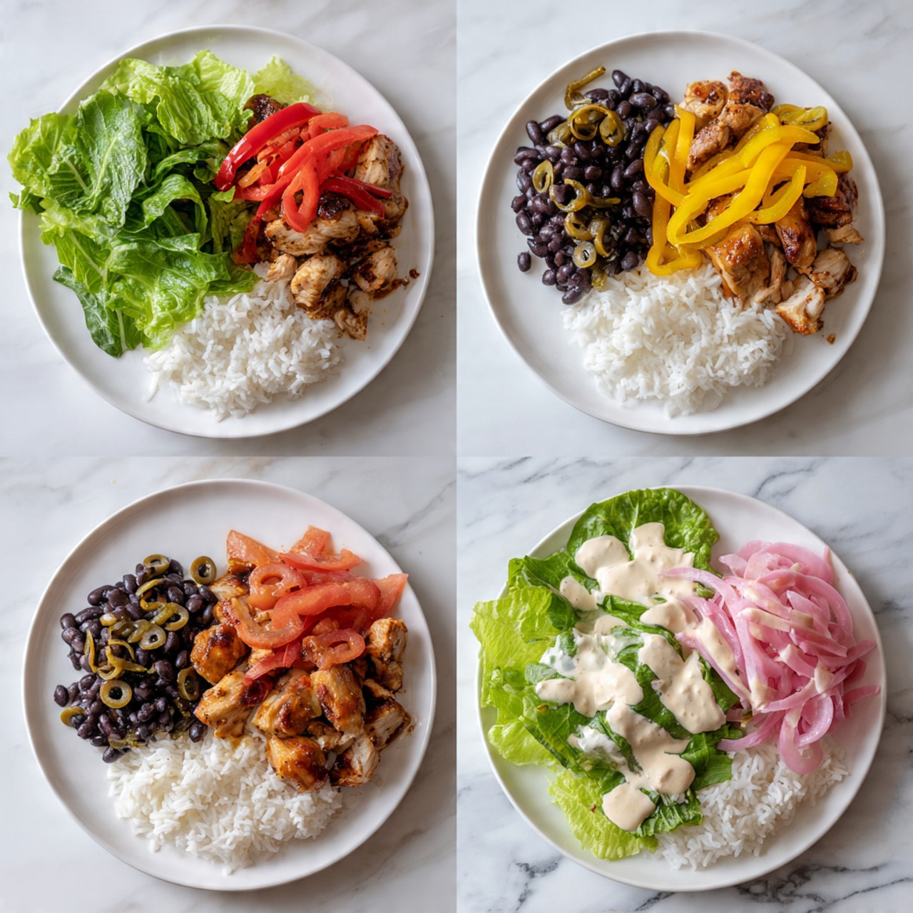 The dish is shown in four stages on a round white plate placed on a white marbled surface. In the first stage, the plate holds a base layer of fresh green lettuce leaves and a mound of white rice on one side. The second stage adds a layer of cooked chicken pieces next to the rice and lettuce, topped with grilled red and yellow bell pepper strips arranged neatly on the chicken. The third stage adds black beans next to the rice and lettuce, and sliced black olives are placed on top of the bell peppers. In the final stage, thin pink pickled onions are added beside the black beans and chicken, and a creamy sauce is placed on top of the chicken, beans, and some rice. Each layer is clearly separate, showing vibrant colors and textures. Photo taken with an iphone --ar 4:5 --v 7