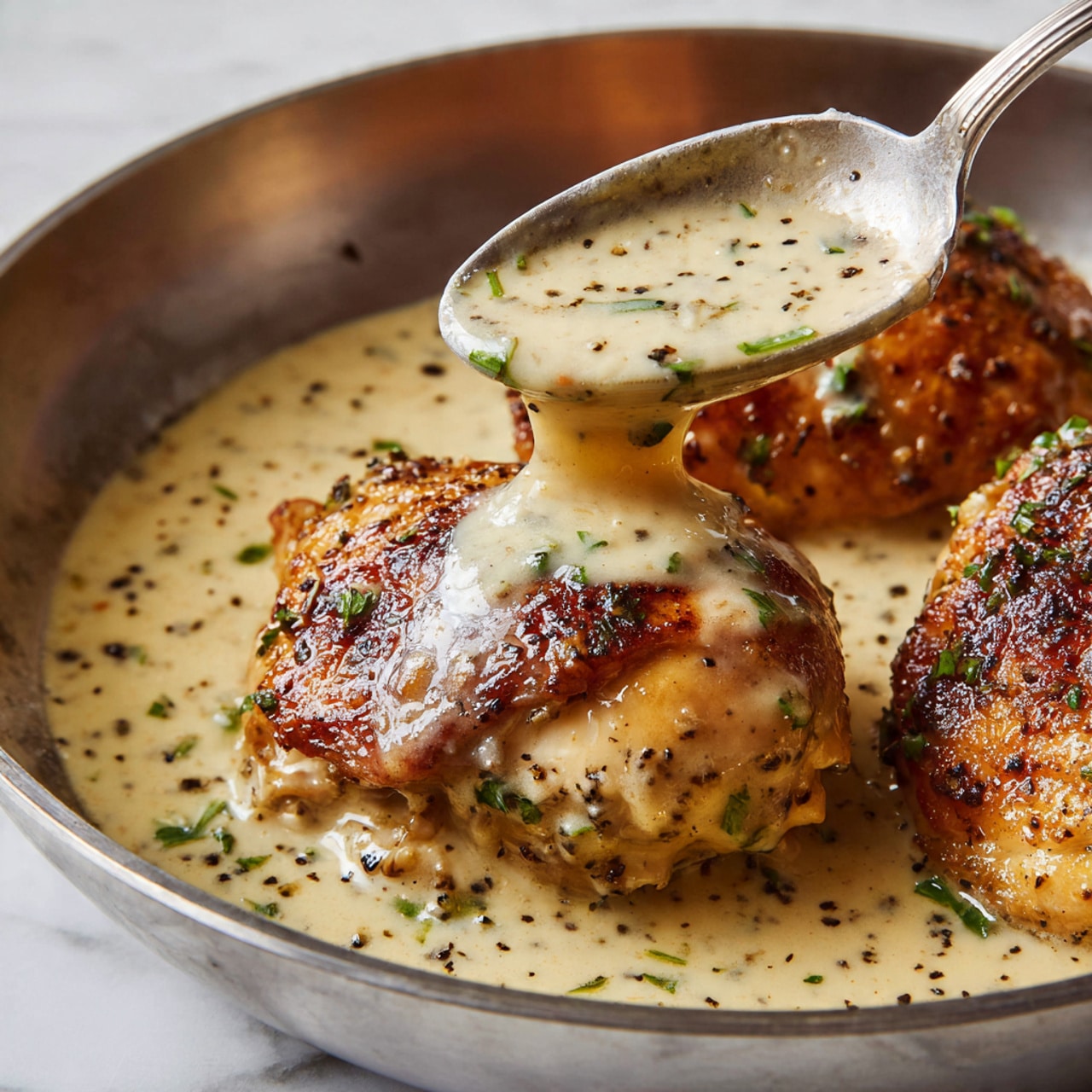The image shows two golden brown cooked chicken pieces in a pan filled with creamy light beige sauce with small specks of black pepper and herbs. A silver spoon is held above one piece, dripping thick sauce evenly on it, adding a glossy texture on the top. The chicken pieces have a slightly crispy surface with visible seasoning and herbs. The background is a shiny metal pan reflecting some of the sauce and chicken colors, all set against a white marbled texture. Photo taken with an iphone --ar 4:5 --v 7