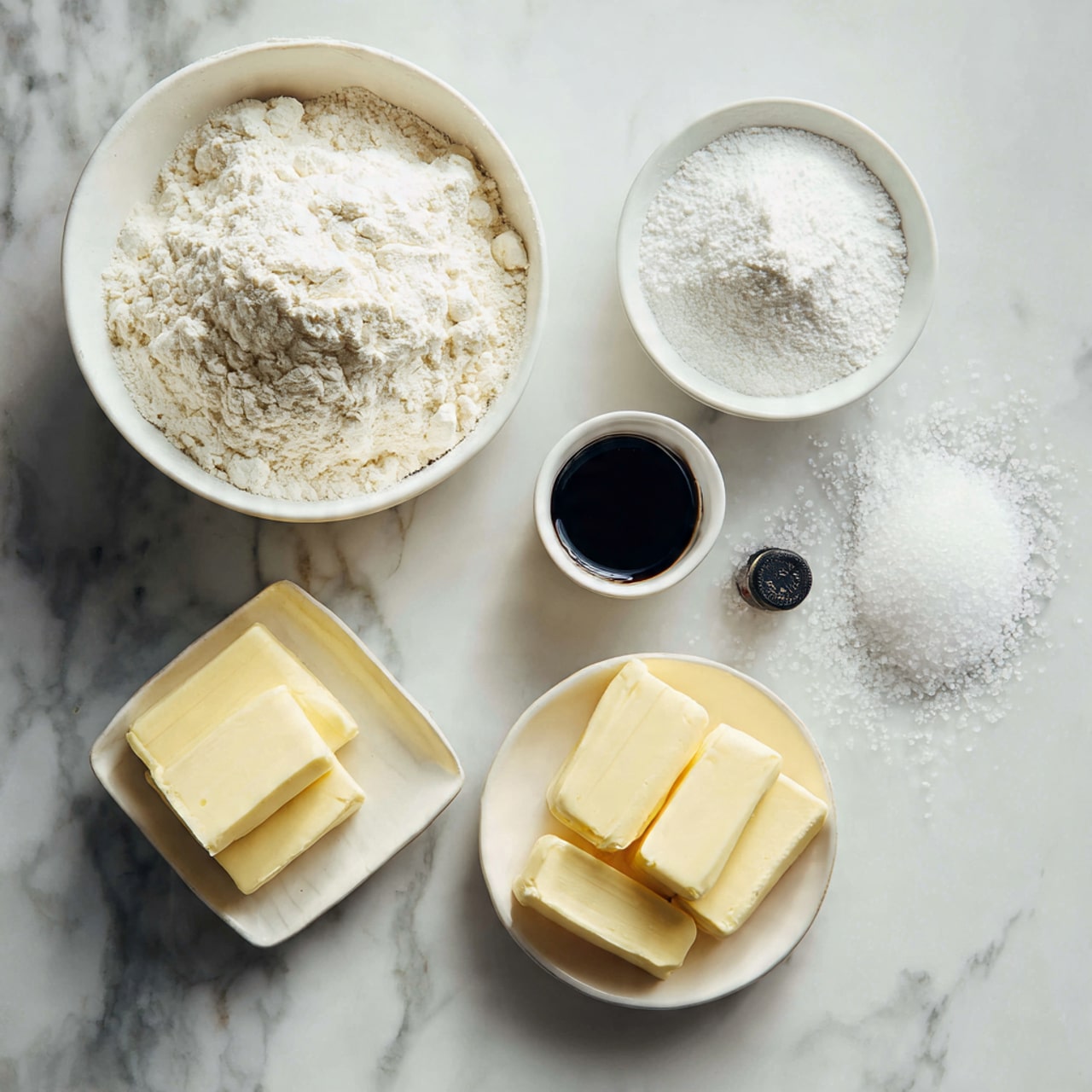 The image shows a simple arrangement of baking ingredients on a white marbled surface. In the center, there is a white bowl filled with white flour. Above it, there is a smaller white bowl full of white powdered sugar. To the right of the flour bowl, there is a small dark bottle of vanilla extract. Below the flour bowl, there are three light yellow sticks of butter and a small white bowl filled with fine white salt. The overall look is clean and organized with a soft light shining from the top. Photo taken with an iphone --ar 4:5 --v 7