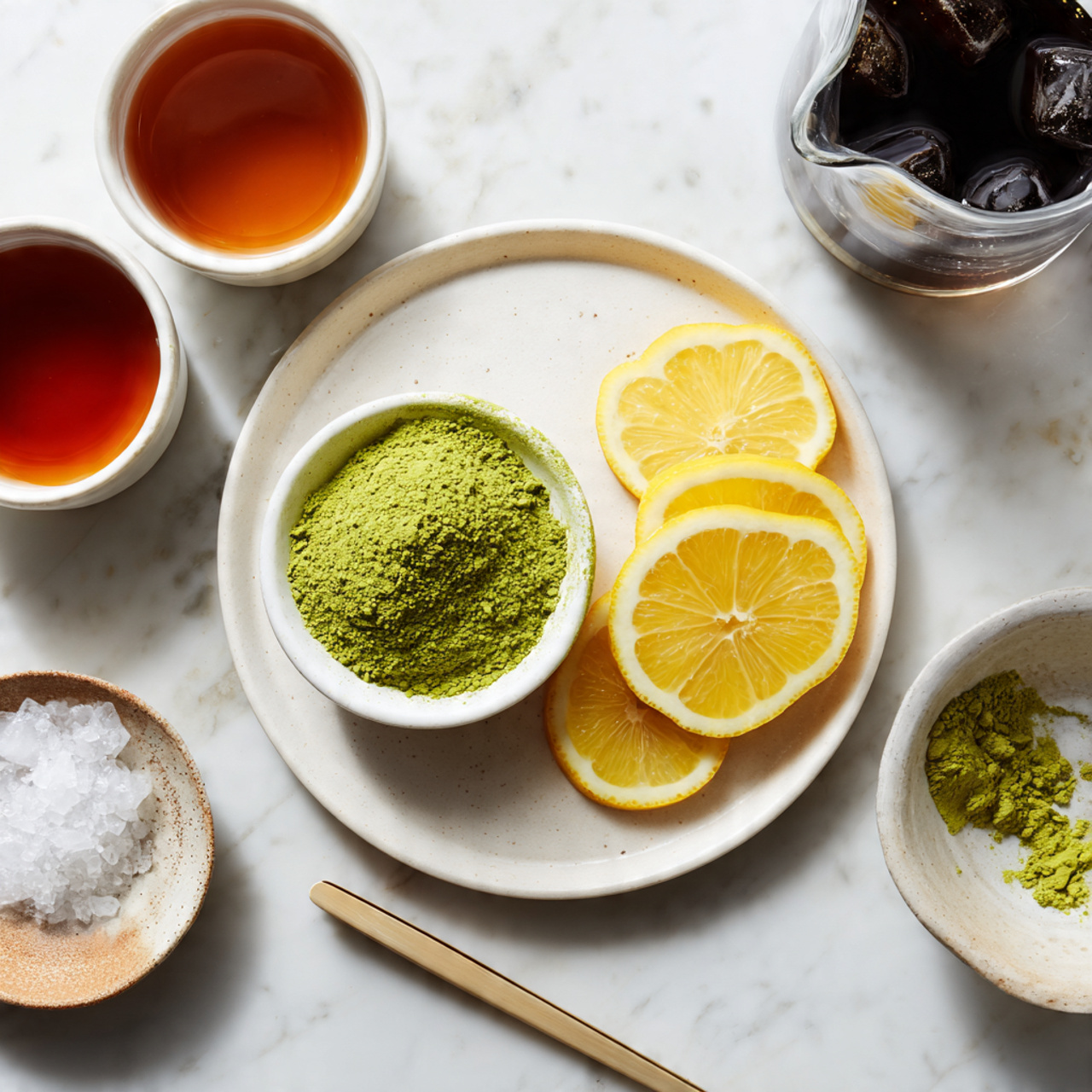 A white plate on a white marbled surface holds a small bowl filled with bright green matcha powder, placed near three yellow lemon slices on the plate’s right side. Surrounding the plate are small white bowls with various ingredients: one with a dark amber liquid, one empty with brown edges, and one off-white bowl with some green powder residue. Additionally, there is a small white pitcher with a black liquid inside partially visible on the top right, and a glass of ice water at the bottom left. A thin pale wooden stick lies diagonally near the center bottom. Photo taken with an iphone --ar 4:5 --v 7
