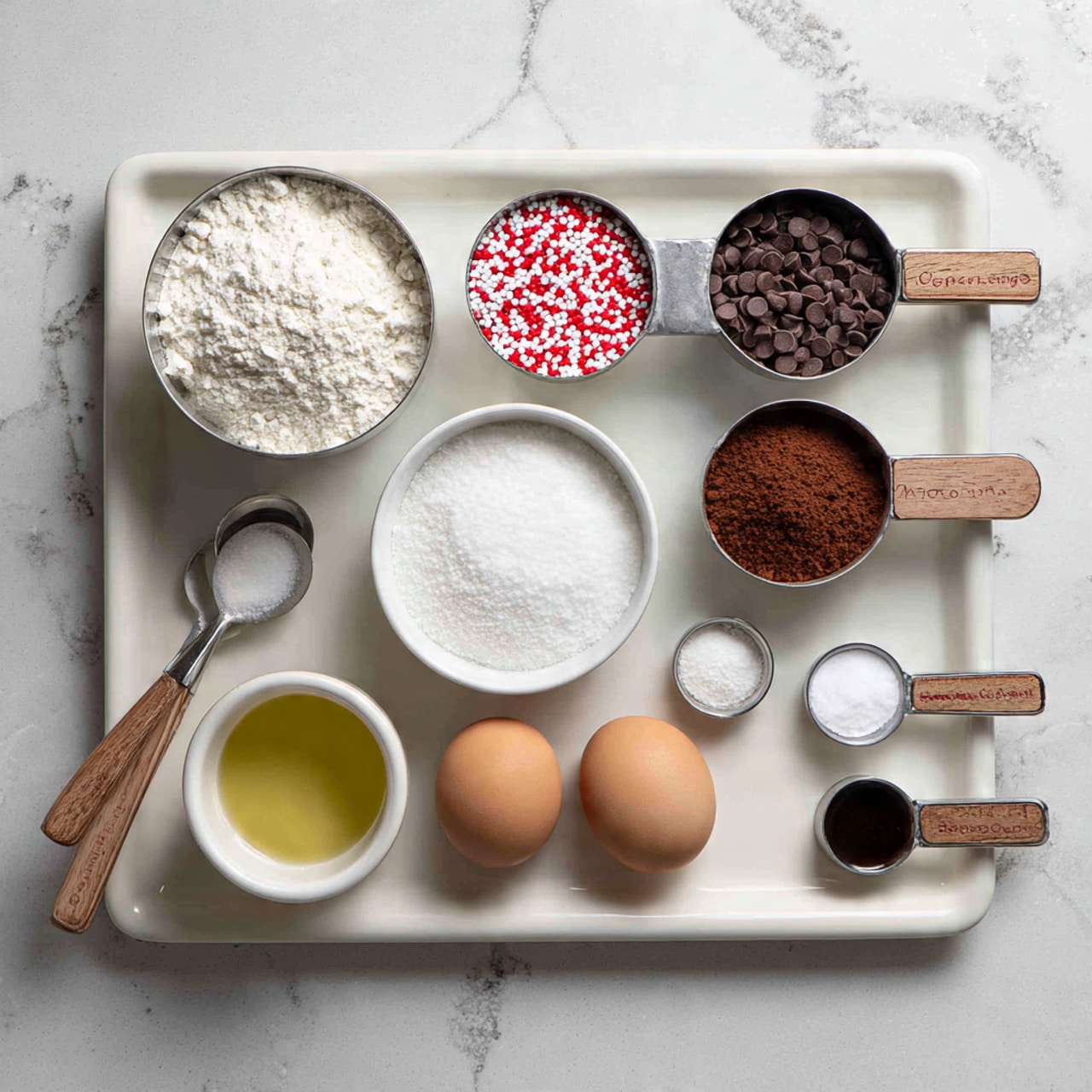 This image shows a white rectangular tray with nine baking ingredients arranged neatly on a white marbled surface. At the top left is a metal measuring cup filled with white flour. Next to it is a similar cup containing small red and white round sprinkles. Below them, near the center, is a cup filled with small dark chocolate chips. To the right, a metal measuring cup holds a loose, powdery brown substance, likely cocoa powder. At the bottom left, a small metal spoon holds a golden liquid, probably oil. Beside it is a white bowl filled with white granulated sugar. At the bottom center are two brown eggs placed side by side directly on the tray. Near the eggs are three small metal measuring spoons holding white powder, brown powder, and a black liquid respectively. All the cups and spoons have wooden handles. The setup looks clean and orderly on the white marbled background. Photo taken with an iphone --ar 4:5 --v 7