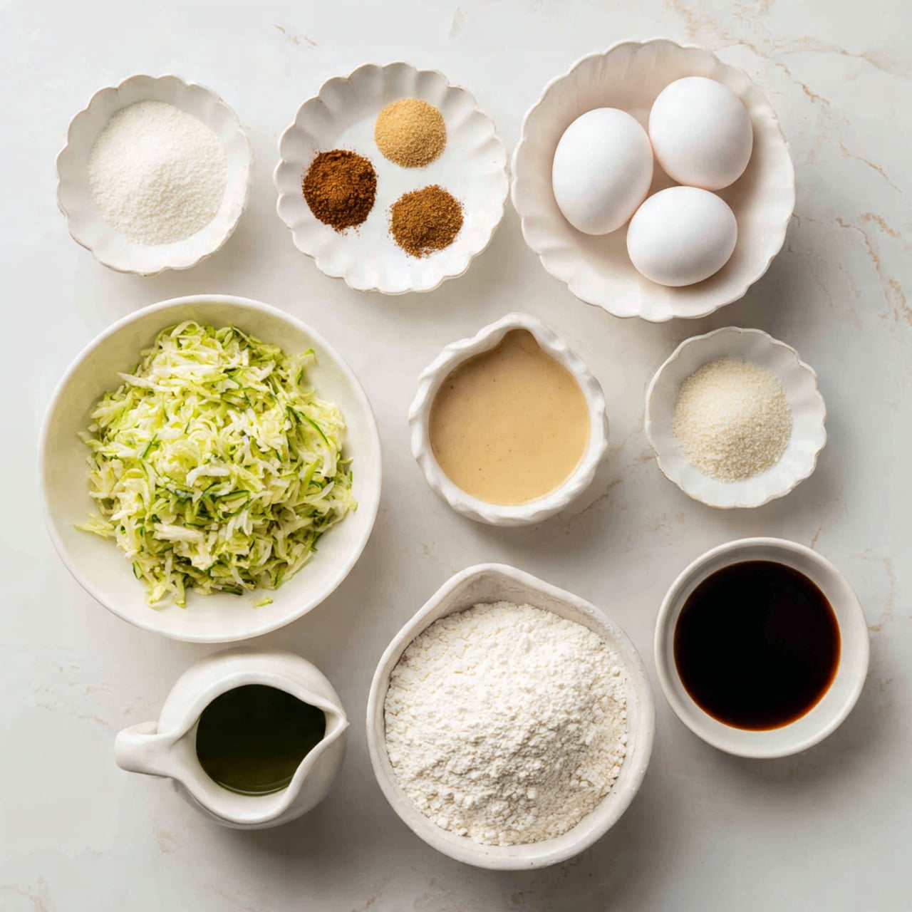 A top view of nine bowls and cups arranged on a white marbled surface, each containing different ingredients. At the top right is a white scalloped bowl with two raw eggs; below it is a small white bowl holding four small piles of spices and powders in light brown, white, and tan colors. Center left is a white bowl filled with green shredded vegetable with white bits, likely zucchini. To the right of it is a small white cup with a beige creamy liquid. Below that is a small white bowl containing light brown, smooth sauce. To the bottom left is a small white pitcher with a dark green liquid. Bottom right holds a white bowl full of white flour. Top left includes a small white bowl with a dark soy-like liquid. Each ingredient is clearly visible with distinct textures and colors standing out sharply against the white marbled background photo taken with an iphone --ar 4:5 --v 7