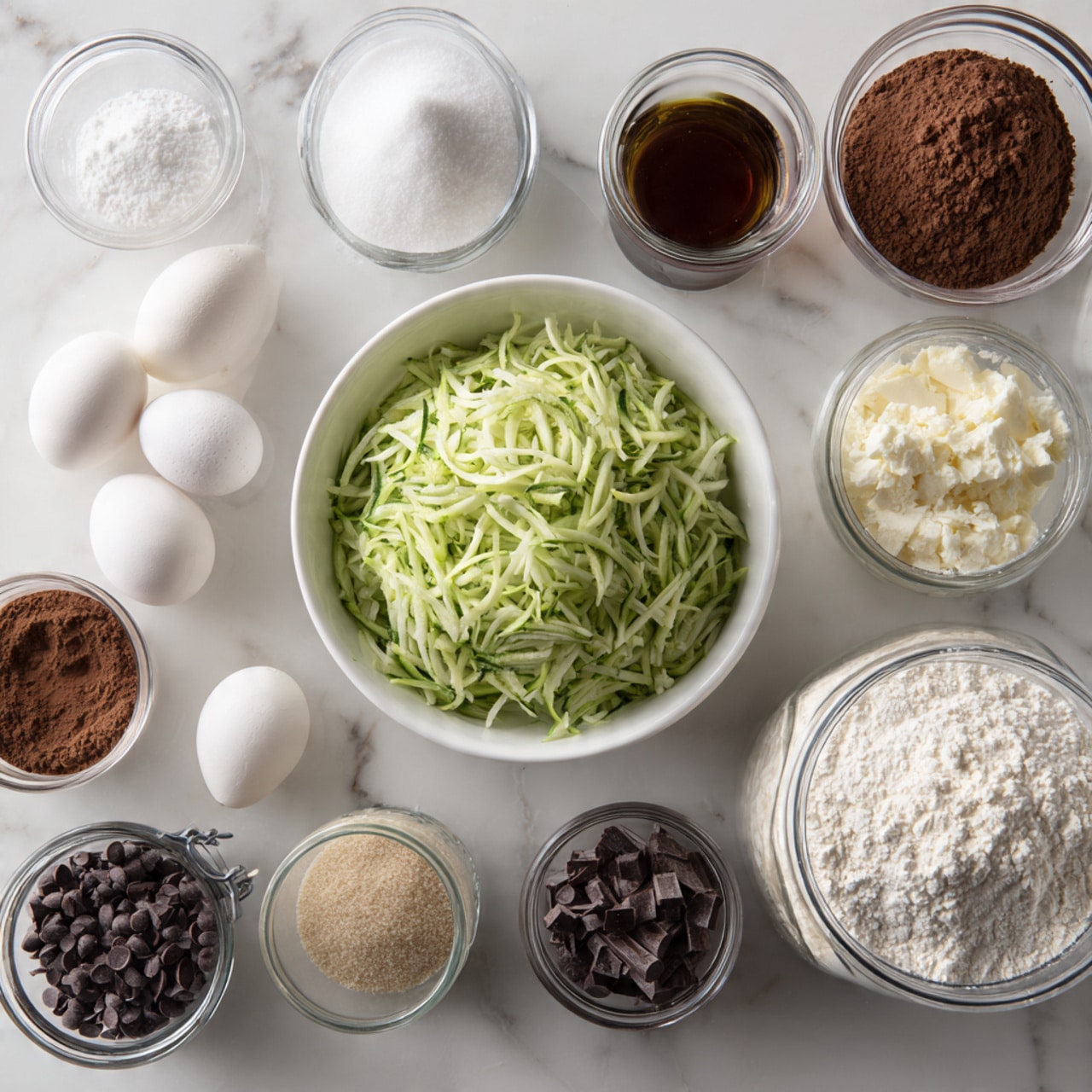 The image shows a white marbled surface with a collection of clear glass bowls and jars holding various ingredients. In the center is a white bowl filled with green shredded zucchini. Surrounding it, from top left clockwise, are a glass bowl with white sugar, a small jar with salt, two whole white eggs, a small white bowl with a creamy white ingredient, a small white bowl with brown cocoa powder, a large jar with light brown sugar, a small jar filled with dark chocolate chips, a small glass bottle with dark vanilla extract, and a large glass jar of white flour photo taken with an iphone --ar 4:5 --v 7