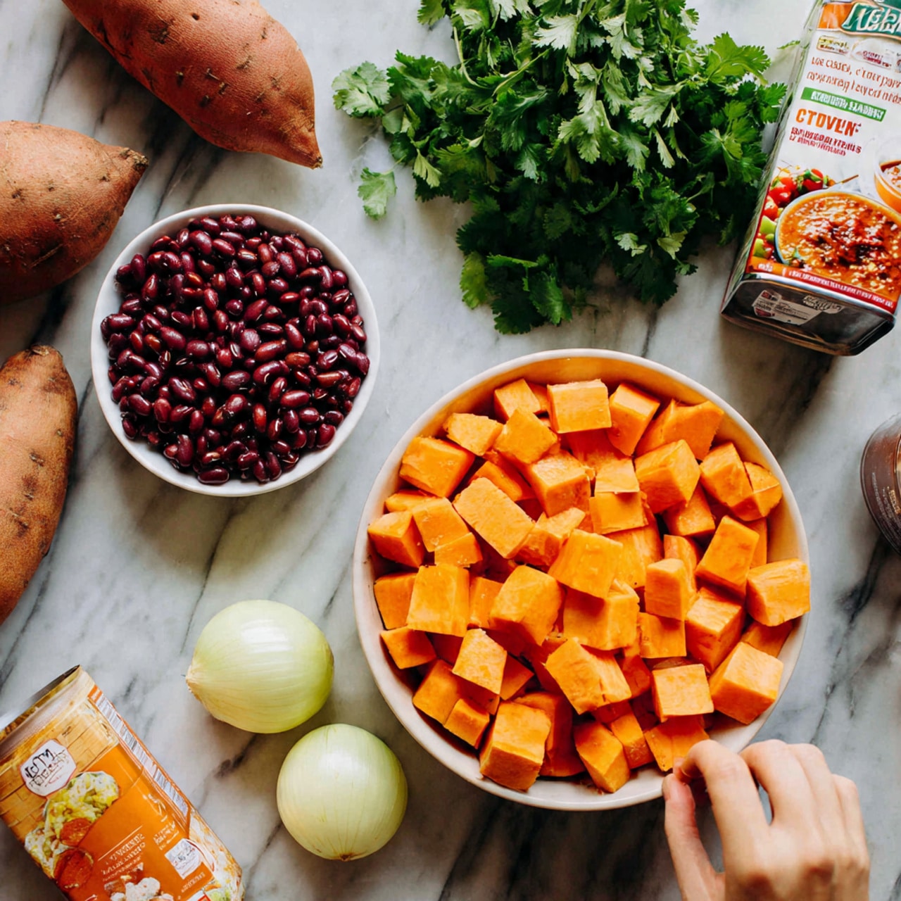 The image shows ingredients arranged on a white marbled surface, including a small white bowl filled with dark red beans, a bunch of fresh green cilantro, a whole sweet potato, a medium bowl piled with large orange sweet potato cubes, a white carton of vegetable broth with a picture of carrots and vegetables, a can of chipotle peppers, and two halved onions with pale yellow layers visible. A woman's hand is seen reaching towards the ingredients. photo taken with an iphone --ar 4:5 --v 7
