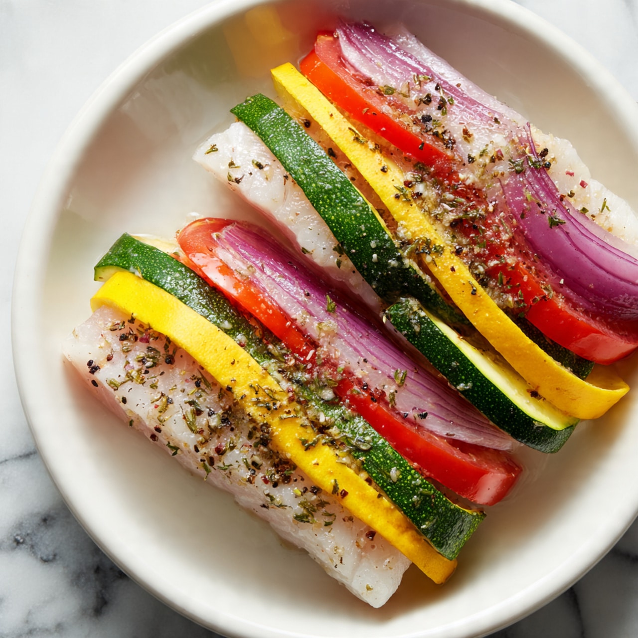 Two white fillets are arranged in a white dish on a white marbled surface, each fillet sliced horizontally into layers filled with alternating slices of red tomato, green zucchini, yellow squash, and purple onion. The fillets and vegetables are sprinkled with a mix of black pepper and dried herbs, giving a speckled texture across the surface. The bright colors of the vegetables contrast against the pale pink of the raw fillets, creating a visually layered, fresh look. photo taken with an iphone --ar 4:5 --v 7