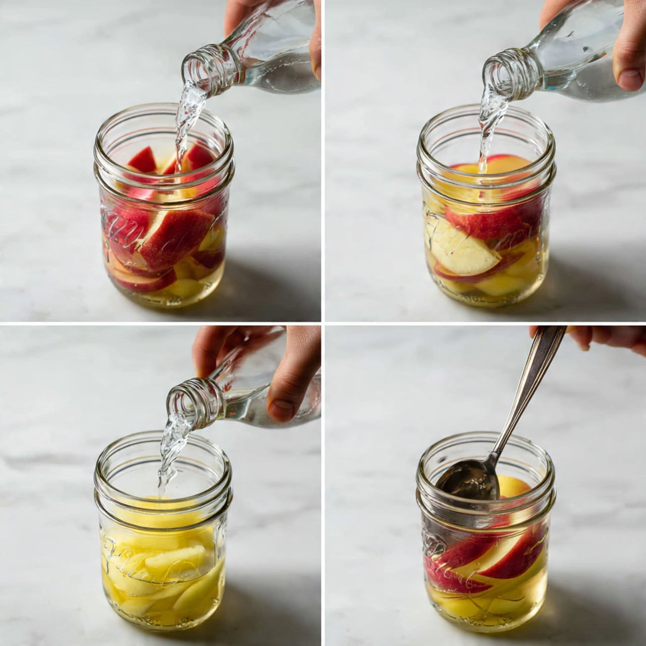 The image shows four steps of making a fresh fruit drink in a clear glass jar placed on a white marbled surface. The first step features sliced red apples and yellow fruit pieces at the bottom of the jar. The second step captures a woman's hand gently pressing the fruit inside the jar. The third step shows water being poured over the fruit from a glass bottle, filling about three-quarters of the jar. The last step displays a metal spoon stirring the mixture with visible floating fruit slices and the clear liquid filling the jar. photo taken with an iphone --ar 4:5 --v 7