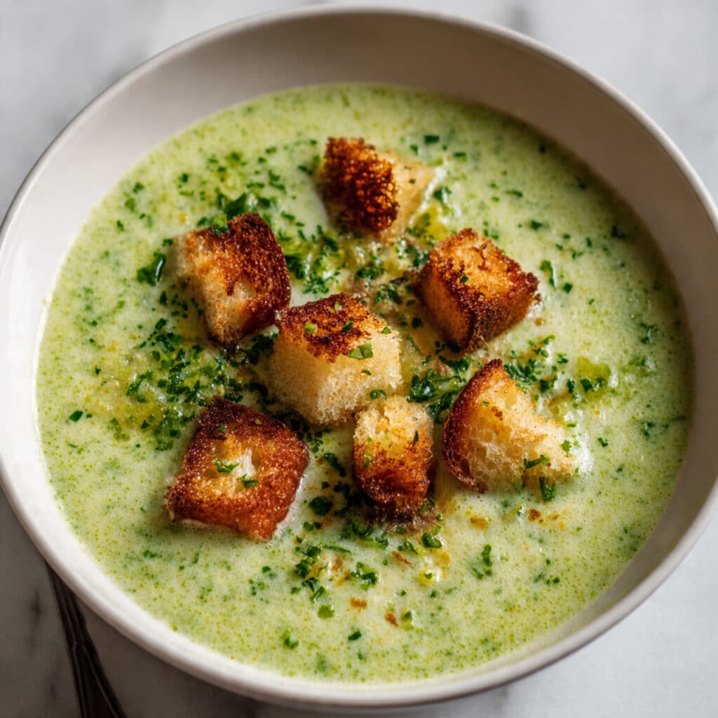 Creamy Broccoli Soup with Garlic Croutons Recipe