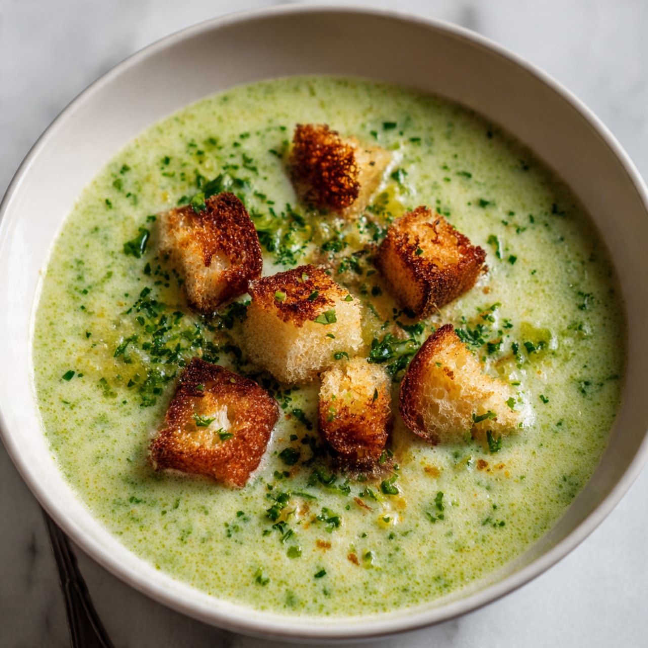 Creamy Broccoli Soup with Garlic Croutons Recipe