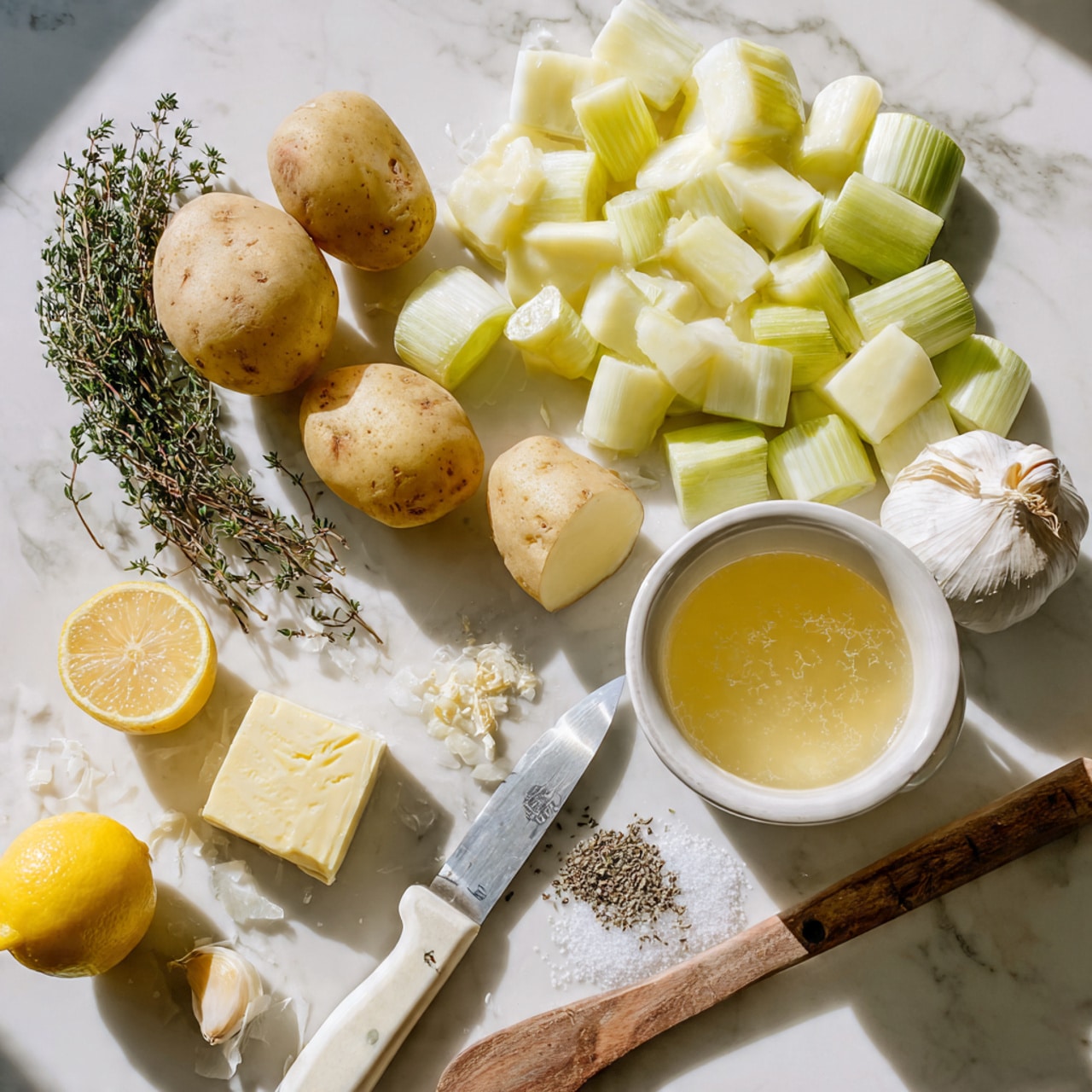 The image shows a white marbled surface with several peeled potatoes and large chunks of leeks arranged near the center and top left. To the right, there is a small white bowl filled with clear golden broth. In front of the potatoes and leeks are lemon halves, a cube of butter, garlic cloves, and a knife with a white handle resting on the surface. There is also a small bunch of fresh thyme and a small pile of coarse salt and pepper. In the bottom right corner, a pot with a wooden spoon lies partially in frame. The light is bright, and the scene is clean and organized, showing raw ingredients prepared for cooking. photo taken with an iphone --ar 4:5 --v 7