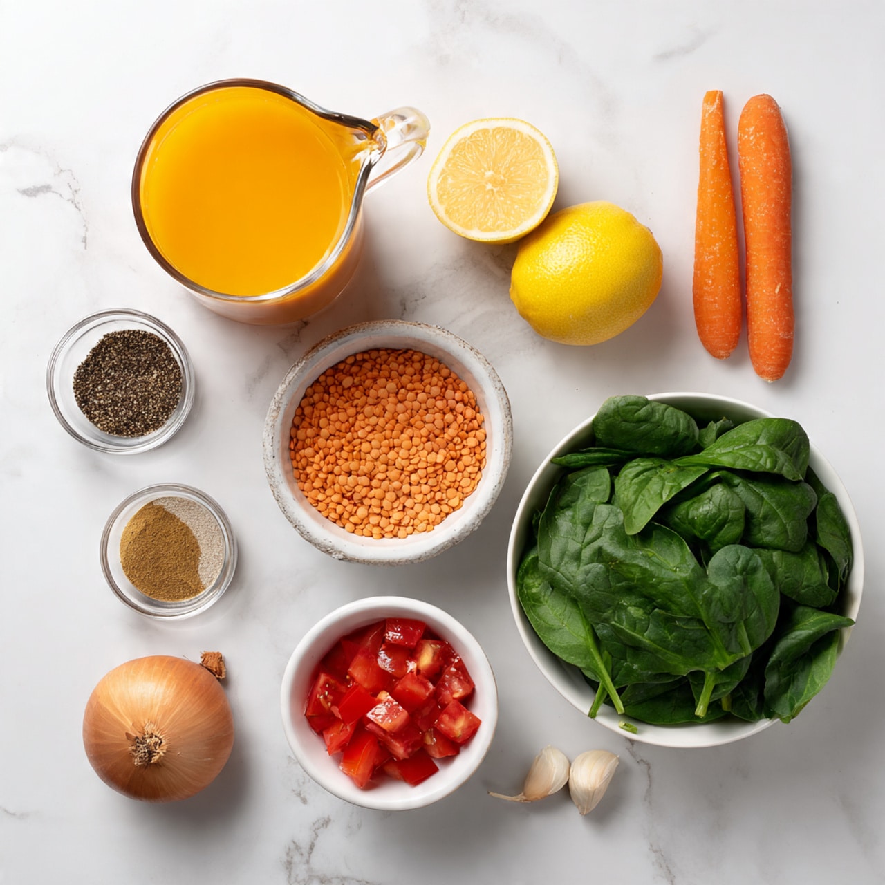 The image shows a white marbled surface with various cooking ingredients arranged neatly. There is a clear glass jug filled with orange-colored juice on the left side, and next to it are three small glass bowls with different brown and beige spices. In the middle, a white bowl holds orange lentils, and near it is a whole yellow lemon. On the right side, a large white bowl is full of fresh dark green spinach leaves. Two bright orange carrots lie horizontally near the lentils. Below them, a small white bowl contains diced red tomatoes. To the right of the tomatoes, there are two small garlic cloves and a light brown round onion with some texture. The overall layout is clean and organized. Photo taken with an iphone --ar 4:5 --v 7
