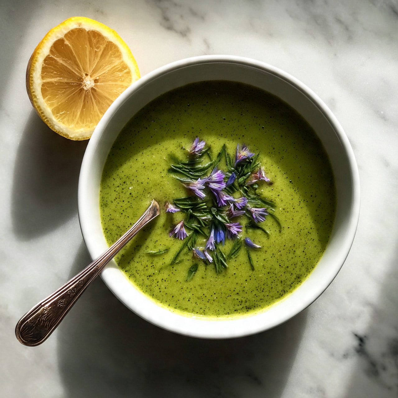 A white bowl filled with green soup that has a smooth texture, topped with small purple flowers and green herbs in the center. A silver spoon rests inside the bowl on the left side. Next to the bowl, on a white marbled surface, is a half lemon showing its bright yellow inside. Photo taken with an iphone --ar 4:5 --v 7