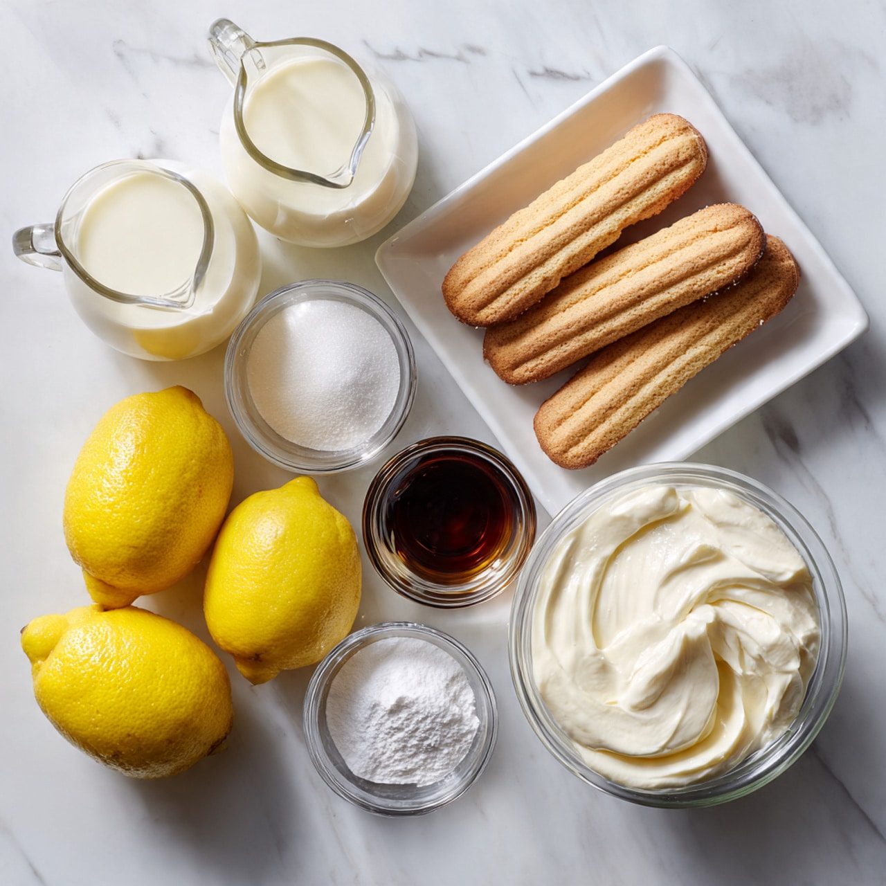 The image shows different ingredients arranged neatly on a white marbled surface. On the right, there is a white rectangular plate with two layers of light brown ladyfinger biscuits placed side by side. To the left, three bright yellow lemons are grouped together. Near the center, there is a small glass bowl with a dark brown liquid, likely vanilla, and beside it, another small glass bowl with white sugar. Above these are two glass pitchers filled with white and creamy liquid, which might be milk or cream. Below these, there is a small clear glass bowl holding powdery white baking powder and a larger clear glass bowl filled with smooth white cream cheese or mascarpone. The light and composition make the ingredients appear fresh and ready for preparing a dessert. Photo taken with an iphone --ar 4:5 --v 7
