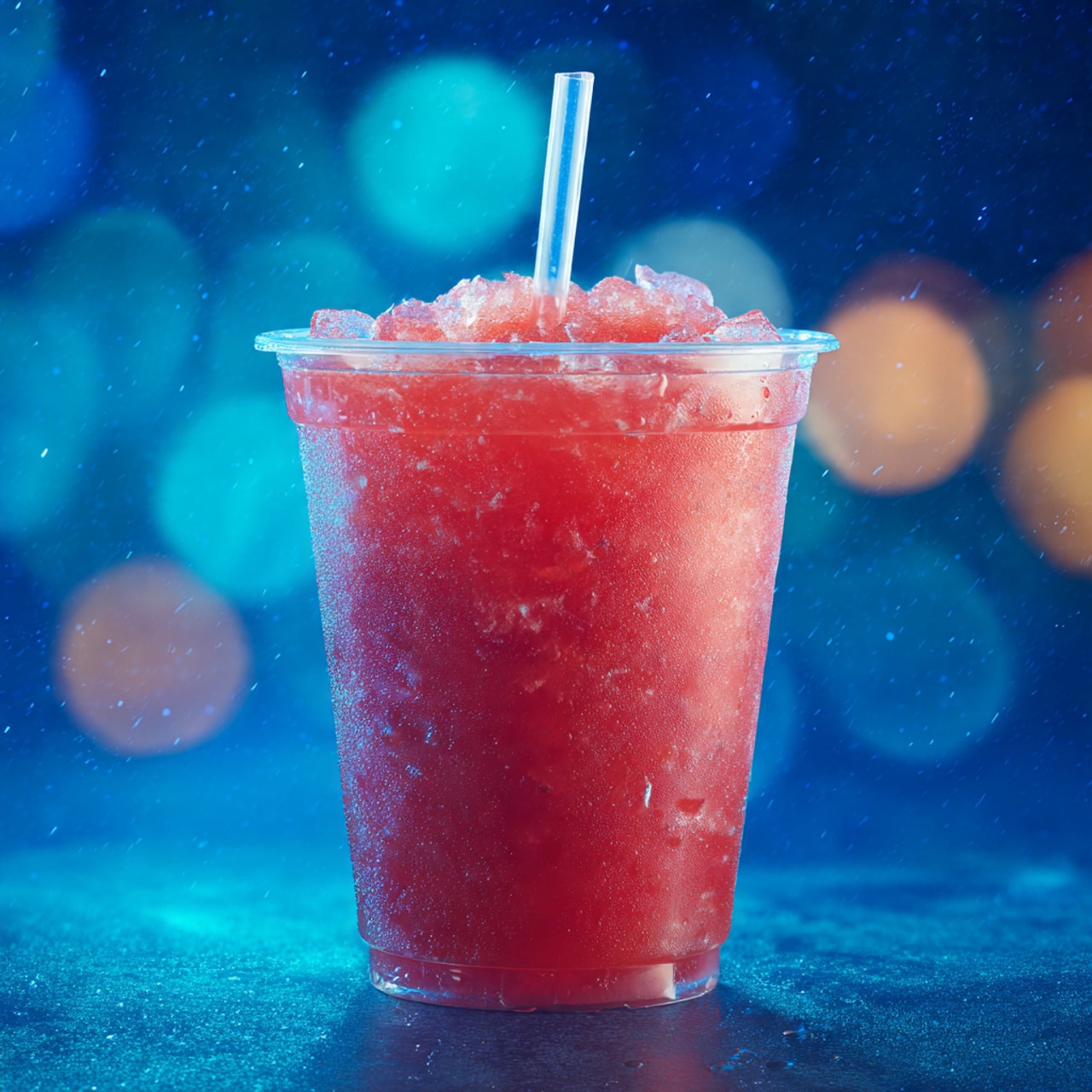A clear plastic cup filled with a bright red slushy drink with small ice crystals visible throughout, topped with a white straw in the center. The cup is placed on a dark blue surface with some out-of-focus light blue and brown areas in the background. photo taken with an iphone --ar 4:5 --v 7