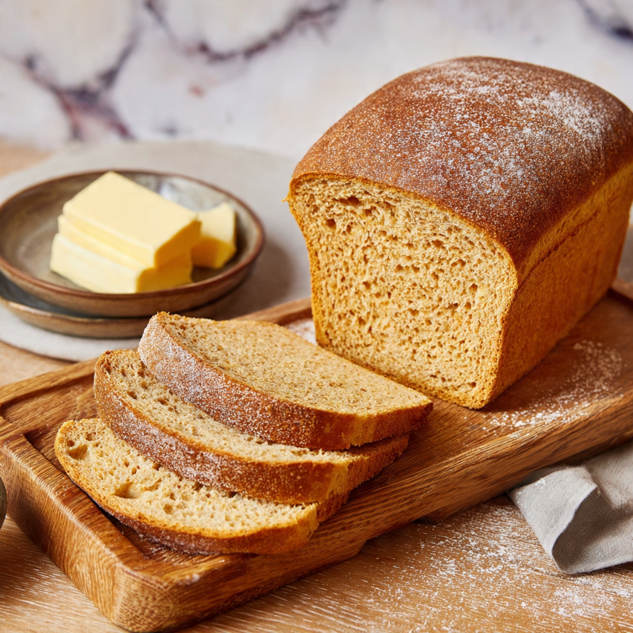 A loaf of golden brown bread sits on a wooden board, with three slices cut and laid flat in front of it. The bread has a slightly shiny crust on top, darker and firmer than the soft, porous inside which is light golden yellow with small air holes. A small plate with butter slices is placed nearby on the wooden table. The background is a white marbled texture. photo taken with an iphone --ar 4:5 --v 7