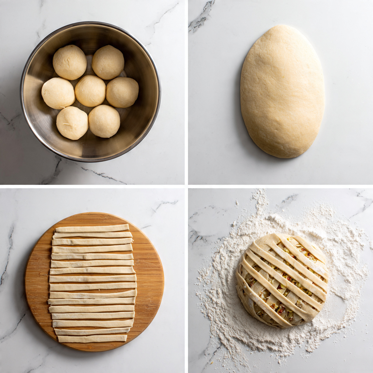 The image shows four steps of making a wrapped dough dish. The first part has five round, smooth, light beige dough balls placed inside a silver bowl on a white marbled surface. The second part shows one dough ball rolled out flat into an oval shape with a smooth light beige texture on a wooden board. The third part shows the same oval dough with long, even vertical strips cut from the bottom half, leaving the top half whole, on the wooden board dusted with flour. The last part shows a filling wrapped by crossing the dough strips over it, creating a wrapped, lattice look with the filling partially visible inside, on the wooden board. photo taken with an iphone --ar 4:5 --v 7