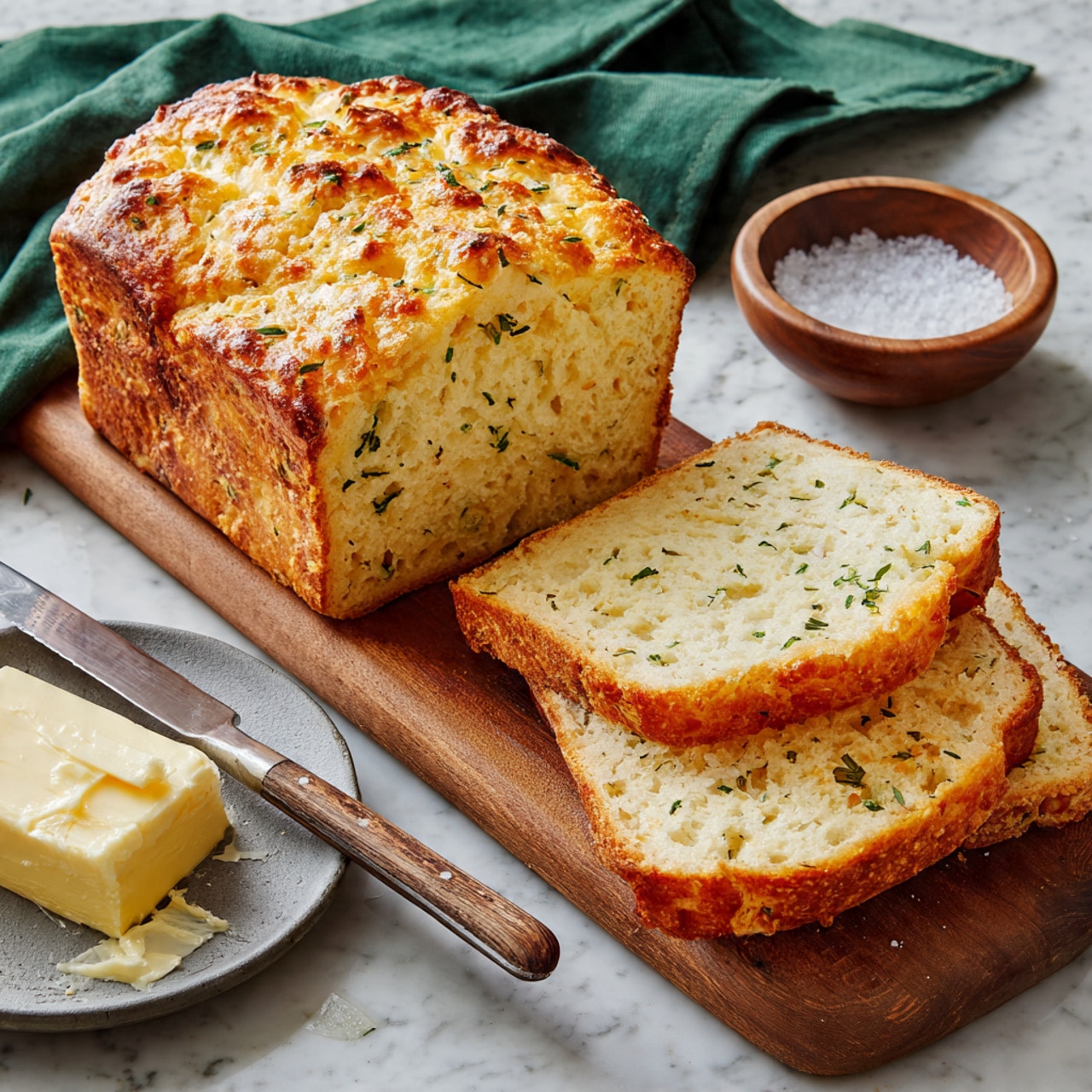 A loaf of golden brown bread sits on a wooden board, with two thick slices lying flat in front, showing a soft, light yellow inside speckled with green herbs. The top crust is bubbly and textured with melted cheese and scattered herbs. A block of butter rests on a small gray plate in the bottom left corner, near a butter knife with some butter on it. In the background, there is a small wooden bowl filled with salt and a silver knife with a wooden handle on a folded green cloth. The surface beneath everything is white marble. photo taken with an iphone --ar 4:5 --v 7