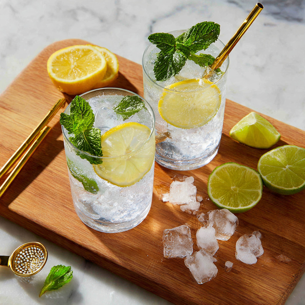 Two clear glasses filled with ice cubes, lemon slices, and fresh green mint leaves sit atop a light brown wooden cutting board. One glass has two shiny gold straws leaning out. On the board, there are extra lemon wedges, lime slices, and more ice cubes scattered around. To the side, a small gold tea strainer rests on a white marbled textured surface. The whole scene is bright with natural light, showing fresh and cool summer drinks. photo taken with an iphone --ar 4:5 --v 7