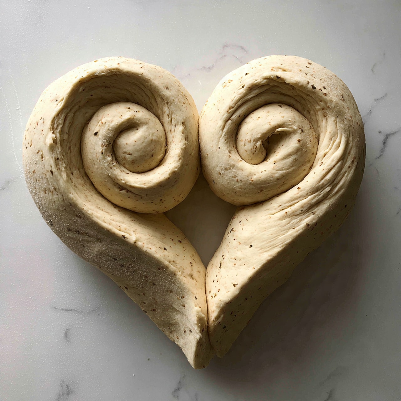 The image shows a raw dough shaped into a big heart with two spiral swirls on the top sides, placed on a white marbled surface. The dough is light beige with some darker spots indicating flour or seasoning. The shape is thick and soft, with a smooth but slightly rough texture from raw dough. photo taken with an iphone --ar 4:5 --v 7
