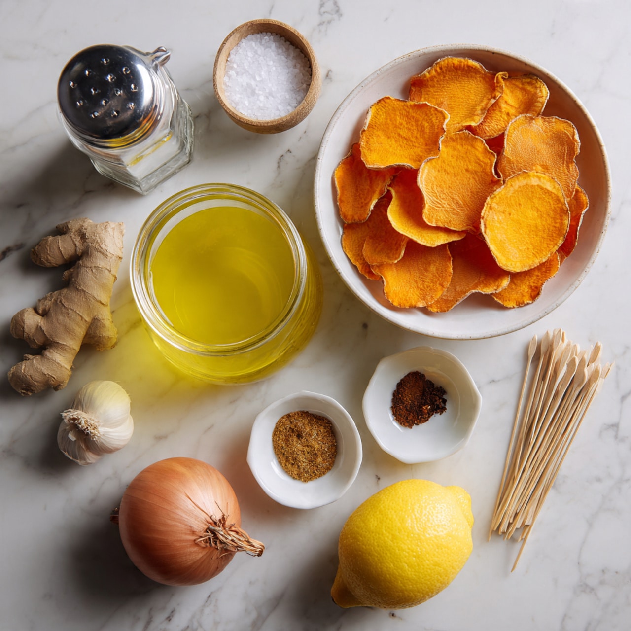 The image shows a top view of cooking ingredients arranged on a white marbled surface. On the right, there is a white bowl filled with orange, ridged slices of sweet potato chips. Next to it is a clear glass jar of yellow liquid, likely oil or juice. Below the jar, there are small white dishes with brown spices and a small amount of dark liquid. Nearby, a whole brown onion and a yellow lemon are placed. A bulb of garlic and a small piece of ginger are also visible. In the top left corner, a metal shaker contains white salt. In the lower right corner, a woman's hand holds wooden skewers. The scene is bright and neatly organized. photo taken with an iphone --ar 4:5 --v 7