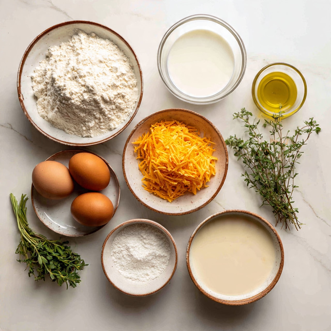 A top view shows several bowls and ingredients arranged neatly on a white marbled surface. In the top left, a white bowl with brown edges is filled with a mound of white flour. On the top right, there is a glass bowl with white milk. Below the flour bowl, another white bowl with brown edges holds bright orange shredded cheese. Near the center are two brown eggs side by side. To the right of the eggs is a white bowl with brown edges filled with a light beige liquid, likely batter. Near the bottom left is a small white bowl with brown edges containing white powder, possibly baking powder or salt. To the right of that is a small bowl with olive oil. Finally, near the bottom right corner are fresh green herbs, including sprigs of thyme and oregano. Photo taken with an iphone --ar 4:5 --v 7