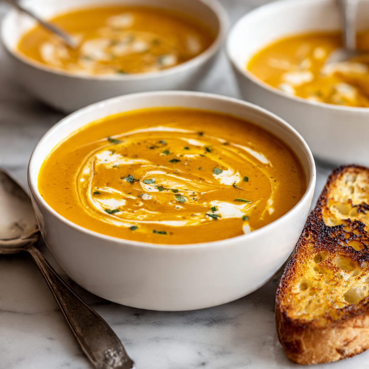 The image shows a close-up of a bowl of creamy orange soup with a smooth texture, drizzled with white cream swirls and small green herb bits on top. The bowl is white and filled nearly to the top. Next to the bowl, there is a toasted slice of bread with a golden crust showing some toasted spots. Around the main bowl, there are parts of two other white bowls with the same soup, sitting on a white marbled surface. A silver spoon lies near the bowl, and a woman's hand is holding the toast, about to dip it into the soup. The lighting is soft and natural, highlighting the warm colors. photo taken with an iphone --ar 4:5 --v 7