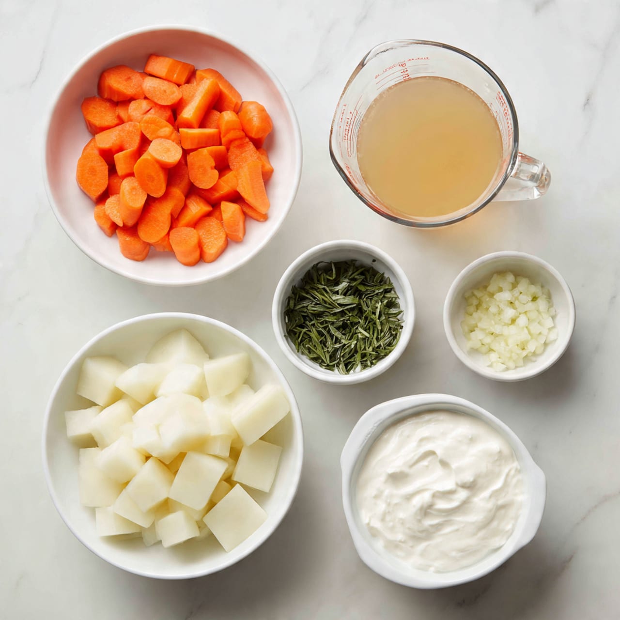 The image shows seven white bowls and a glass measuring cup arranged neatly on a white marbled surface. The largest white bowl at the top left is full of bright orange carrot slices. Below, a smaller white bowl holds cubed pale potatoes, and next to it is a white bowl filled with thick, creamy white yogurt. To the right of these, the measuring cup contains light brown broth. Above the yogurt, a small white bowl holds fresh green herbs. At the top right, two tiny white bowls contain finely chopped pale yellow garlic and white onion. The whole setup is clean and simple, with all items visible from above. Photo taken with an iphone --ar 4:5 --v 7