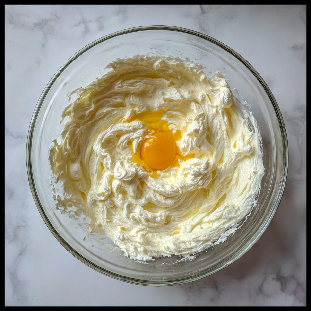 A clear glass mixing bowl sits on a white marbled surface, filled with a creamy, thick white batter that has a smooth and fluffy texture. In the batter near the center, there is a single raw egg yolk with its bright yellow color surrounded by translucent egg white, partially mixed into the batter. Photo taken with an iphone --ar 4:5 --v 7