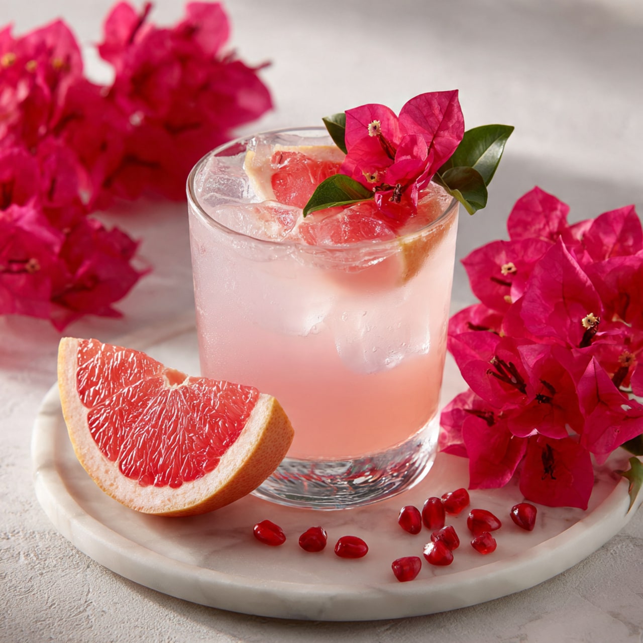The image shows a clear glass filled with a light pink drink, garnished with a large thin slice of pink grapefruit inside the glass. On top of the drink, there are green leaves and small red berries adding a fresh touch. The glass is set on a white plate with white marbled texture underneath. On the plate, there is a wedge of pink grapefruit leaning against the glass, scattered small red berries, and two large pink flowers around the glass, creating a soft, elegant scene. A woman's hand holds a pink flower near the glass. photo taken with an iphone --ar 4:5 --v 7