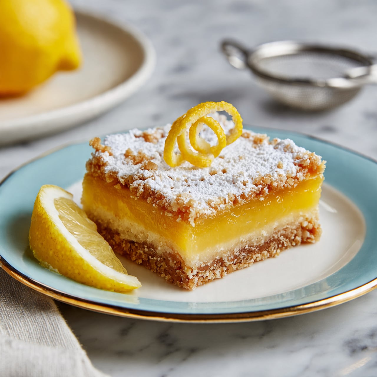 A square lemon bar dessert with three visible layers sits at the center of a white plate with a light blue rim and a thin golden edge. The bottom layer is a golden-brown crumbly crust, the middle layer is a slightly translucent, thick yellow lemon filling, and the top layer is a dusting of white powdered sugar, topped with a twisted lemon peel garnish. To the left of the lemon bar is a thin slice of lemon resting against it. In the background on a white marbled surface, there is a blurred white plate and a fine sieve. The scene also includes a soft, loosely folded white cloth near the plate. Photo taken with an iphone --ar 4:5 --v 7