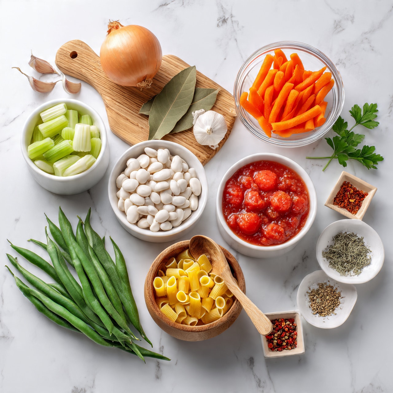 This image shows various fresh ingredients neatly arranged on a white marbled surface. There is a wooden cutting board holding an onion, two garlic cloves, dried herbs, two large bay leaves, and a bunch of fresh green beans. Around the board, there is a white bowl filled with bright orange sliced carrots, a clear glass bowl with celery slices, a larger clear glass bowl filled with light-colored white beans, and a white bowl containing chunky red tomatoes with juice. In the center, a wooden bowl holds small yellow pasta tubes with a small wooden spoon inside. There are small wooden and white dishes with salt, dried herbs, and red pepper flakes. Fresh green parsley leaves complete the arrangement. Photo taken with an iphone --ar 4:5 --v 7
