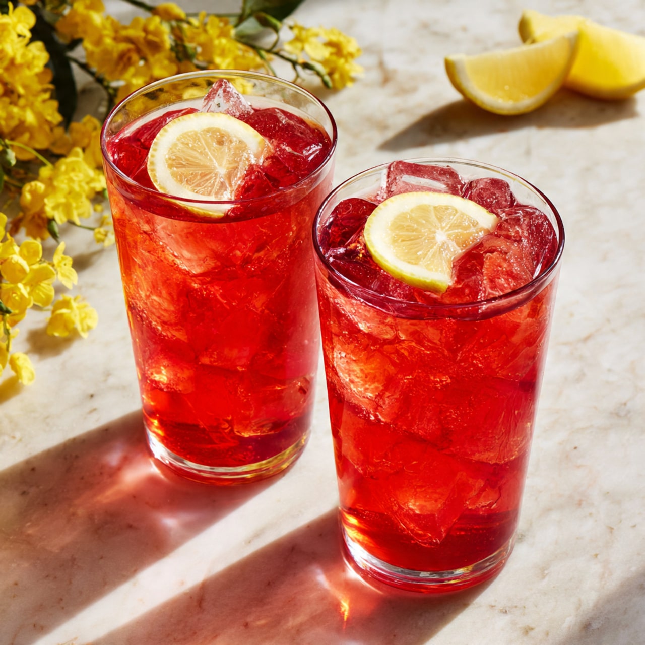 Two clear glasses filled with bright red iced tea sit on a white marbled surface. Each glass has a layer of ice cubes that fill about half the glass, with a thin lemon slice floating on top. The lemon slices add a light yellow contrast to the rich red drink. Yellow flowers are softly blurred in the background, and a lemon wedge is placed near the top edge of the scene. The lighting is natural and bright, highlighting the refreshing look of the drinks. Photo taken with an iphone --ar 4:5 --v 7