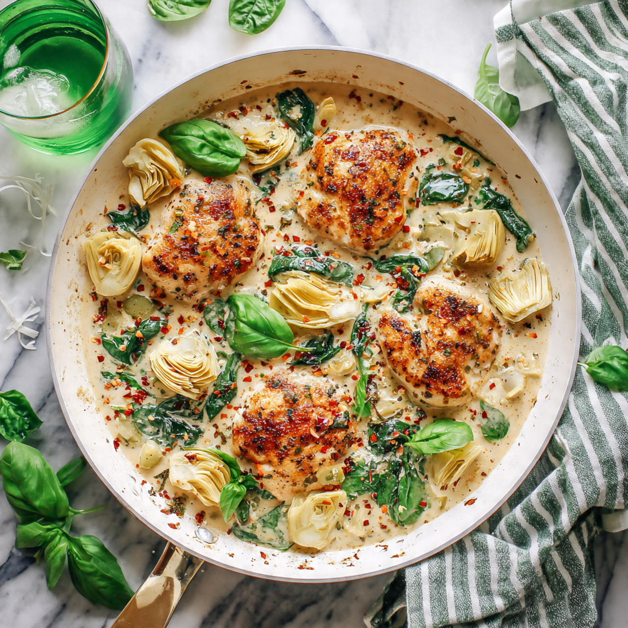 A white pan filled with a creamy sauce base topped with four golden brown cooked chicken pieces, scattered green spinach leaves, and several quartered pale yellow artichoke hearts. The sauce is light beige with specks of red pepper flakes and shredded cheese, giving it texture and color contrast. Fresh green basil leaves are spread across the dish for garnish. The pan rests on a white marbled surface with a green and white striped cloth nearby and a green glass filled with a drink positioned in the top left corner. Photo taken with an iphone --ar 4:5 --v 7