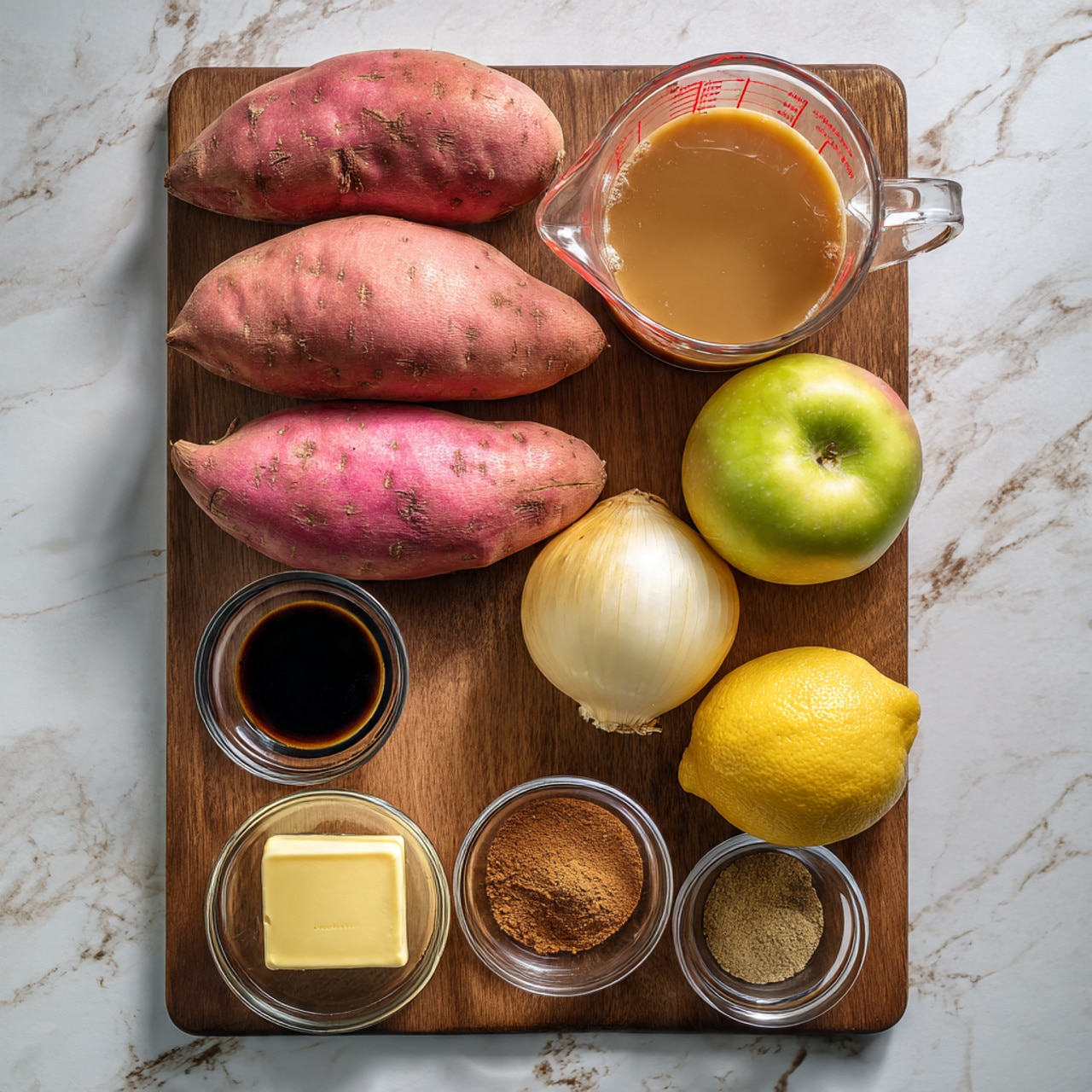 The image shows a wooden board with various raw ingredients neatly arranged. There are five pinkish sweet potatoes stacked on the left side, next to a clear measuring cup filled with light brown liquid on the right. Below the sweet potatoes, there is a green-red apple, a small yellow lemon, and a large pale onion. In front, there is a small slab of yellow butter, a small glass bowl with dark brown liquid, and two small glass bowls with brown powdered spices. The background surface is changed to white marbled texture. photo taken with an iphone --ar 4:5 --v 7
