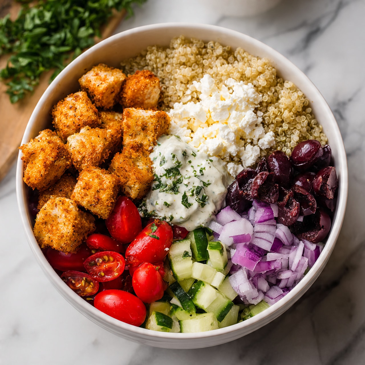 A white bowl holds a colorful layered dish arranged in sections. Starting from the top left, there are small pieces of golden-brown seasoned chicken, next to fluffy light brown quinoa. To the right of the quinoa is a scoop of white crumbly cheese. Below the cheese are dark purple sliced olives, and next to them are small diced light purple onions. In the center, a dollop of creamy white sauce with green herbs sits on top. The bottom left shows bright red quartered cherry tomatoes, with green chopped cucumber next to them. The bowl is on a white marbled surface with some green herbs visible in the background photo taken with an iphone --ar 4:5 --v 7
