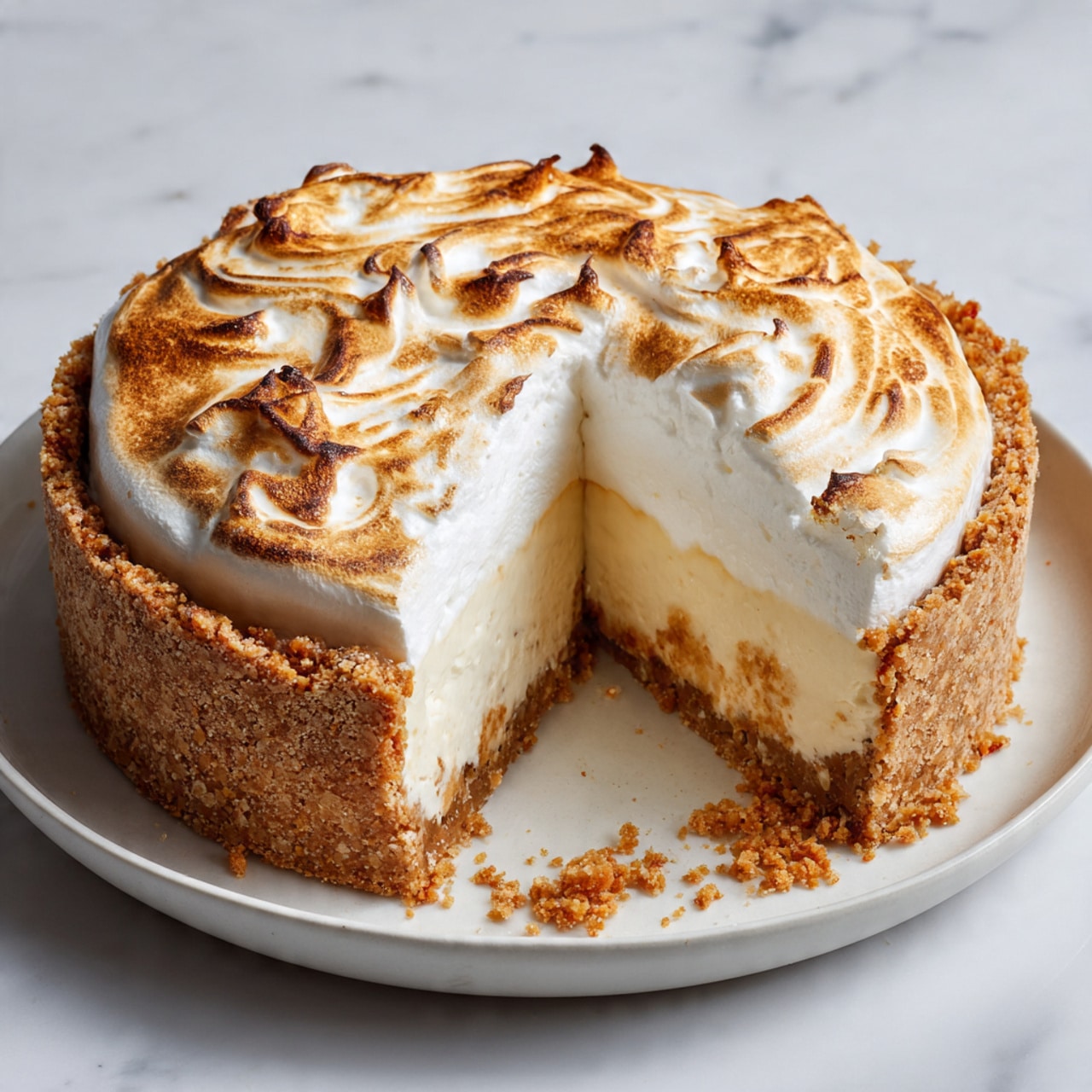 A round pie with three visible layers sits on a white plate on a white marbled surface. The bottom layer is a thick, crumbly golden-brown crust holding the pie together. Above it is a creamy, off-white second layer with a smooth texture. The top layer is a thick white meringue, browned on the surface with swirls of toasted golden spots, giving a bubbly and fluffy look. On one side, a slice is missing, revealing clean edges of the three layers and a bit of pie crust crumbs scattered on the plate. Photo taken with an iphone --ar 4:5 --v 7