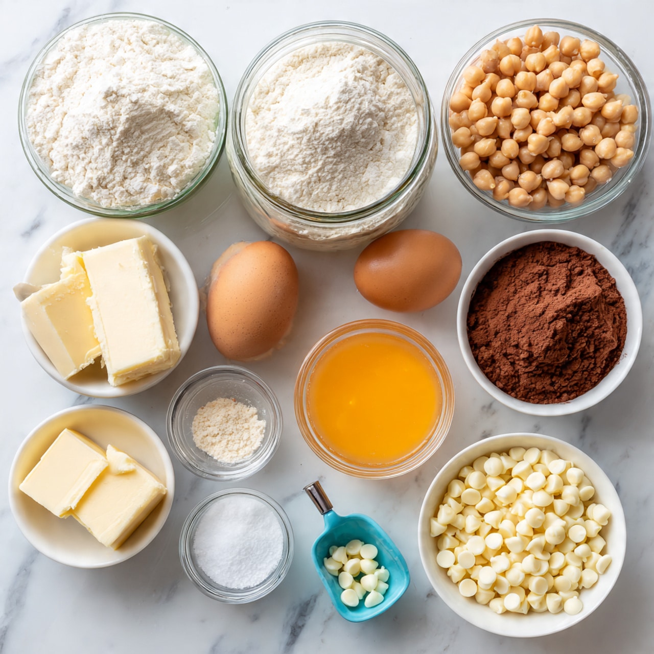 The image shows nine small white bowls and jars arranged on a white marbled surface, each holding different ingredients for baking. From top to bottom, there is a jar filled with white flour, a bowl with beige ground nuts, and a bowl with whole chickpeas. Below them, there is a small bowl containing cocoa powder, two brown eggs next to a glass bowl with white sugar. In front of these, there are three small containers with salt, vanilla, and baking powder, a bowl with butter pieces and a blue spatula, a small white bowl of orange juice, and a bowl filled with small white chocolate chips. The colors range from white and off-white to brown and yellow, showing the different textures of dry, wet, and solid ingredients. photo taken with an iphone --ar 4:5 --v 7
