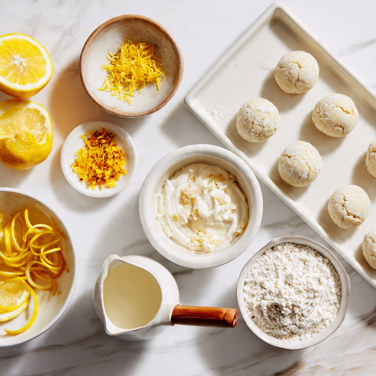 The image shows a white marbled surface with several ingredients arranged neatly. On the right, there are two white bowls, one filled with white powder and the other with a creamy white mixture. On the left, there is a white tray holding six round dough pieces with a soft texture. Near the tray are two lemon halves and a small bowl of yellow lemon zest. At the bottom left, a white bowl holds thin lemon slices arranged in a spiral. A small white jug with a wooden handle is also present, filled with a pale liquid. The scene is bright and clean, with all items placed clearly and spaced out. photo taken with an iphone --ar 4:5 --v 7