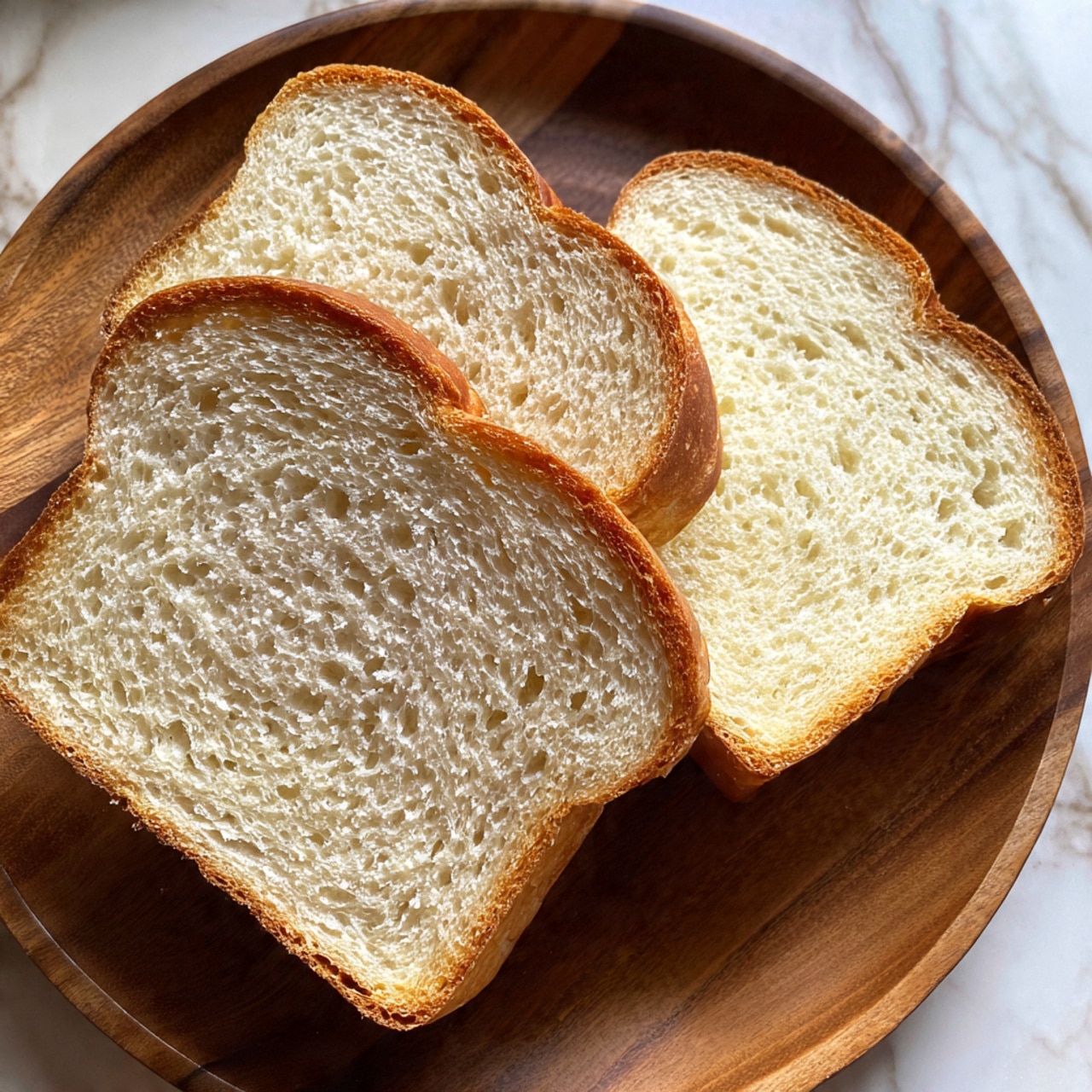The image shows three slices of plain white bread stacked slightly unevenly on a round wooden plate. The bread slices have a light golden brown crust surrounding a soft, pale beige interior texture that looks airy and soft. The plate is placed on a white marbled surface with warm lighting that highlights the bread’s crumb details clearly. photo taken with an iphone --ar 4:5 --v 7
