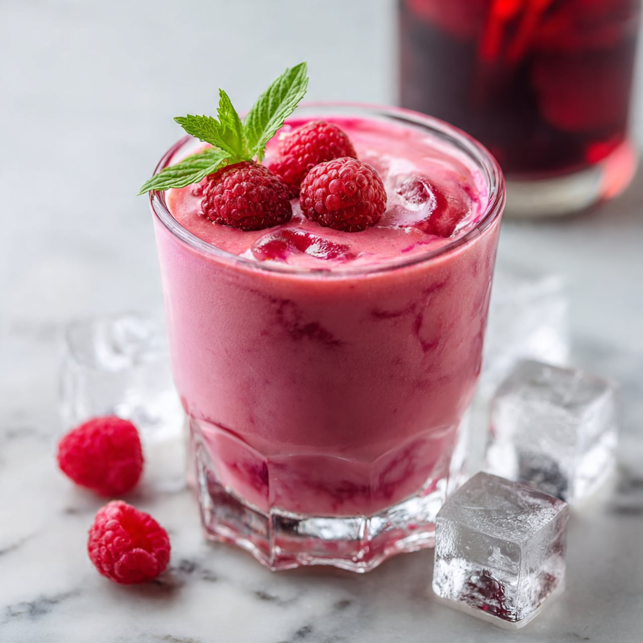 The image shows a clear glass filled almost to the top with a smooth, light pink smoothie. On top of the smoothie, there are three fresh red raspberries and a small green mint leaf as garnish. The glass sits on a white marbled surface. Around the glass, there are three clear ice cubes and three fresh raspberries. A tall glass filled with dark red liquid and ice is seen blurred in the background. Photo taken with an iphone --ar 4:5 --v 7