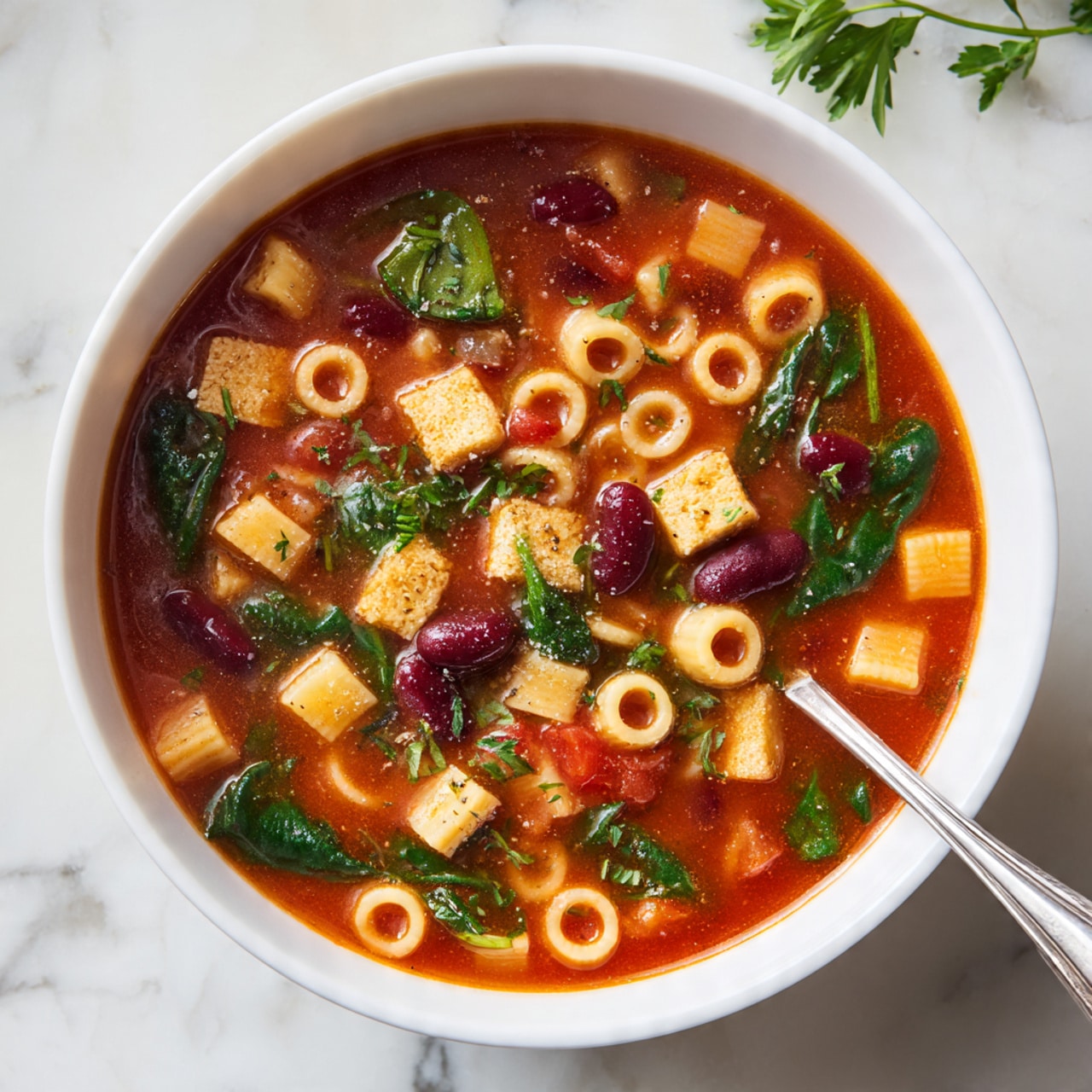 The image shows a white bowl filled with tomato soup that has small pasta rings floating in the bright red broth. Inside the soup, there are leafy green spinach pieces and small dark red kidney beans scattered on top. There are also tiny cubes of light beige tofu or cheese mixed in. A silver spoon rests in the soup at the left bottom corner, touching the inside of the bowl. The bowl is placed on a white marbled surface with some green herbs sprinkled near the top. photo taken with an iphone --ar 4:5 --v 7