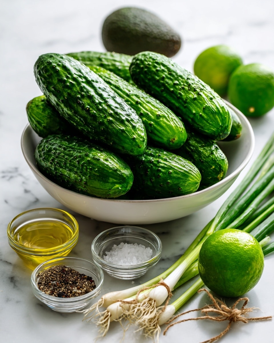 A white bowl filled with several dark green cucumbers with bumpy textures, some larger and some smaller, placed atop a white marbled surface. Surrounding the bowl are long green onions with white bases on the right side, a whole dark green avocado below them, and next to that is a bright green lime. In front of the bowl, there are three small clear glass bowls containing coarse salt, black pepper, and golden olive oil arranged from left to right. A bundle of string is also visible near the glass bowls. photo taken with an iphone --ar 4:5 --v 7