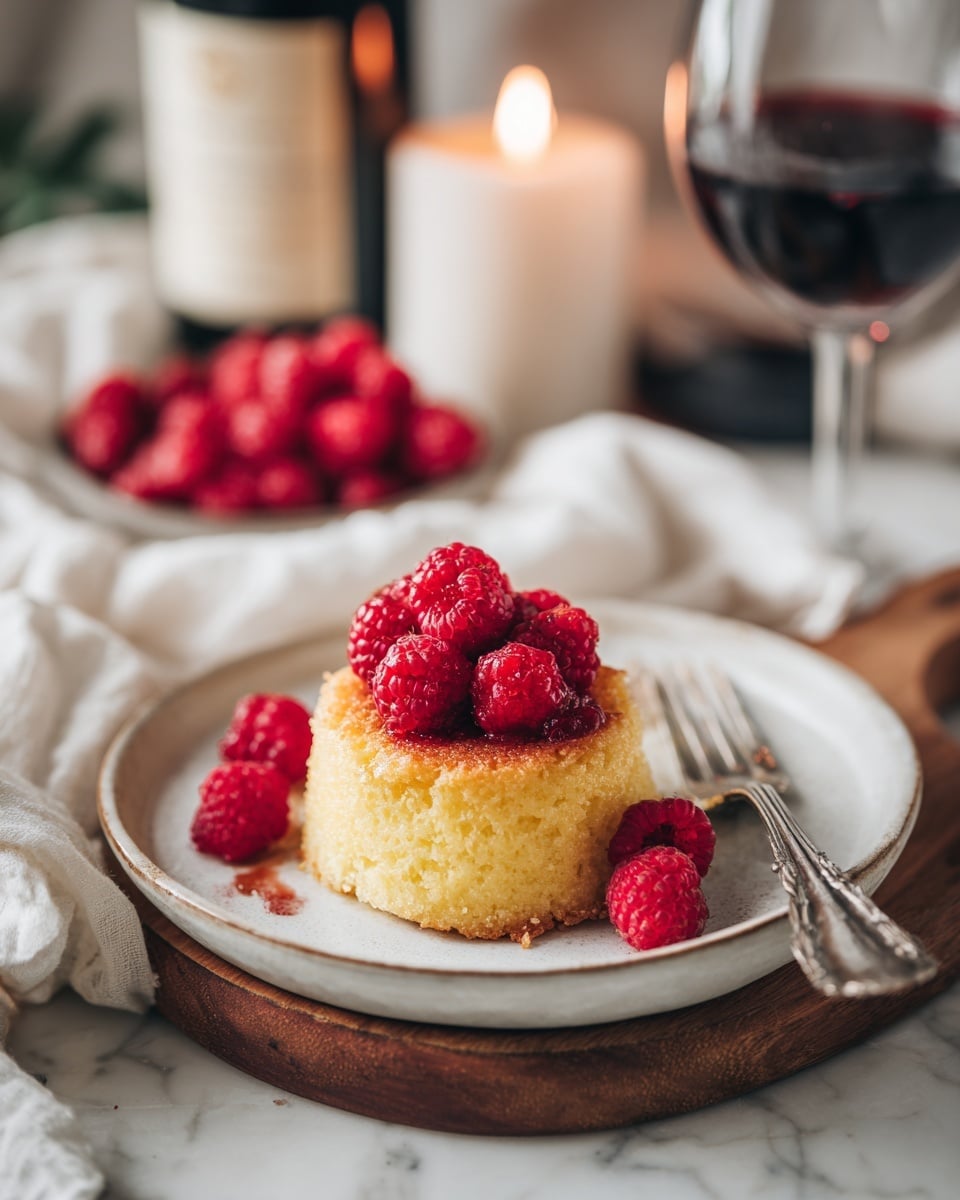 A small round yellow cake with a golden-brown top sits in the center of a white plate with a slightly dark rim. On top of the cake, there is a pile of bright red raspberries. The plate is on a wooden board, and a fork rests to the right side of the plate. In the blurred background, there are more raspberries scattered, a candle lit with a small flame, a bottle of red wine, and a glass partly filled with dark red wine. Soft white fabric and a white marbled surface complete the scene. photo taken with an iphone --ar 4:5 --v 7