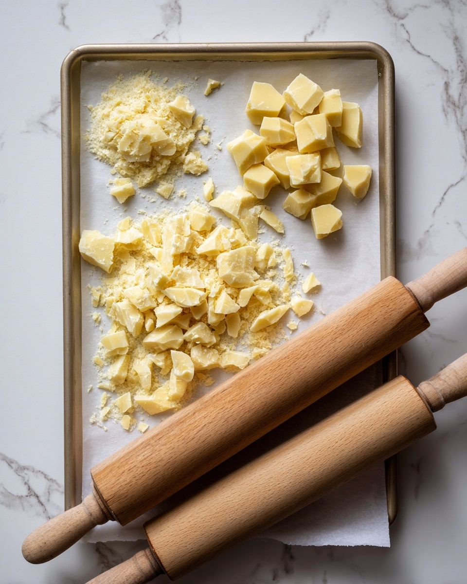 The image shows six clusters of small, light yellow, unevenly shaped pieces spread out on a baking sheet covered with parchment paper, arranged in two rows of three. Above the baking sheet, there are two small piles of the same yellow pieces placed close to each other on a white marbled surface. Below, two wooden rolls each hold a long, narrow cluster of the yellow pieces, appearing to be stuck together, with the rolls resting parallel on the white marbled surface. photo taken with an iphone --ar 4:5 --v 7