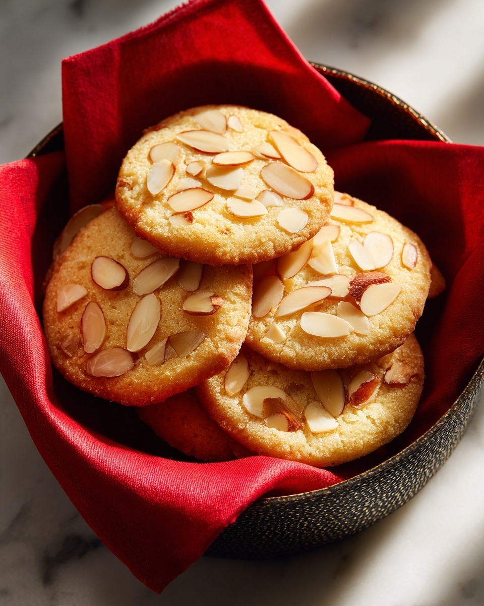 A small stack of thin, golden-brown almond cookies is placed inside a red cloth-lined black bowl with a textured outer surface. Each cookie is round with a slightly uneven edge, topped with scattered slices of light brown almonds that add texture and contrast. The cookies are neatly arranged in overlapping layers, showing their crisp yet delicate texture. The bowl rests on a white marbled surface with sunlight casting soft shadows and warm highlights on the cookies, enhancing their crispy look. photo taken with an iphone --ar 4:5 --v 7