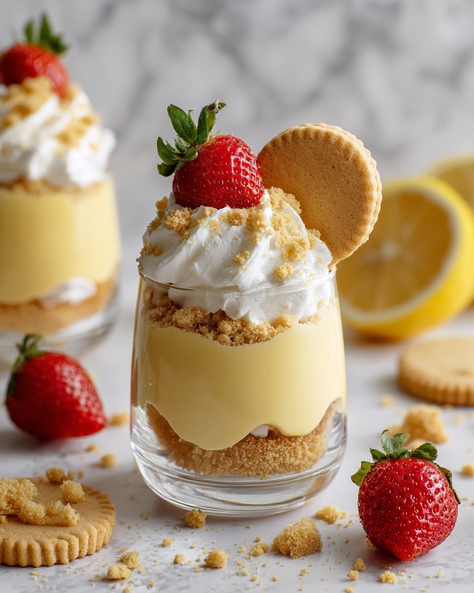 The image shows a clear plastic cup dessert with three visible layers. The bottom layer is yellow pudding with a smooth texture. On top of the pudding is a layer of crushed light beige cookies, with some pieces sticking to the sides. The top layer is white whipped cream, fluffy and soft, garnished with more cookie crumbs. A halved red strawberry with green leaves is placed on one side of the cup, leaning against the whipped cream, and a whole round light beige cookie stands vertically next to the strawberry. The cups are placed on a white marbled surface, with some cookie crumbs, whole cookies, lemon slices, and red strawberries scattered around. Photo taken with an iphone --ar 4:5 --v 7